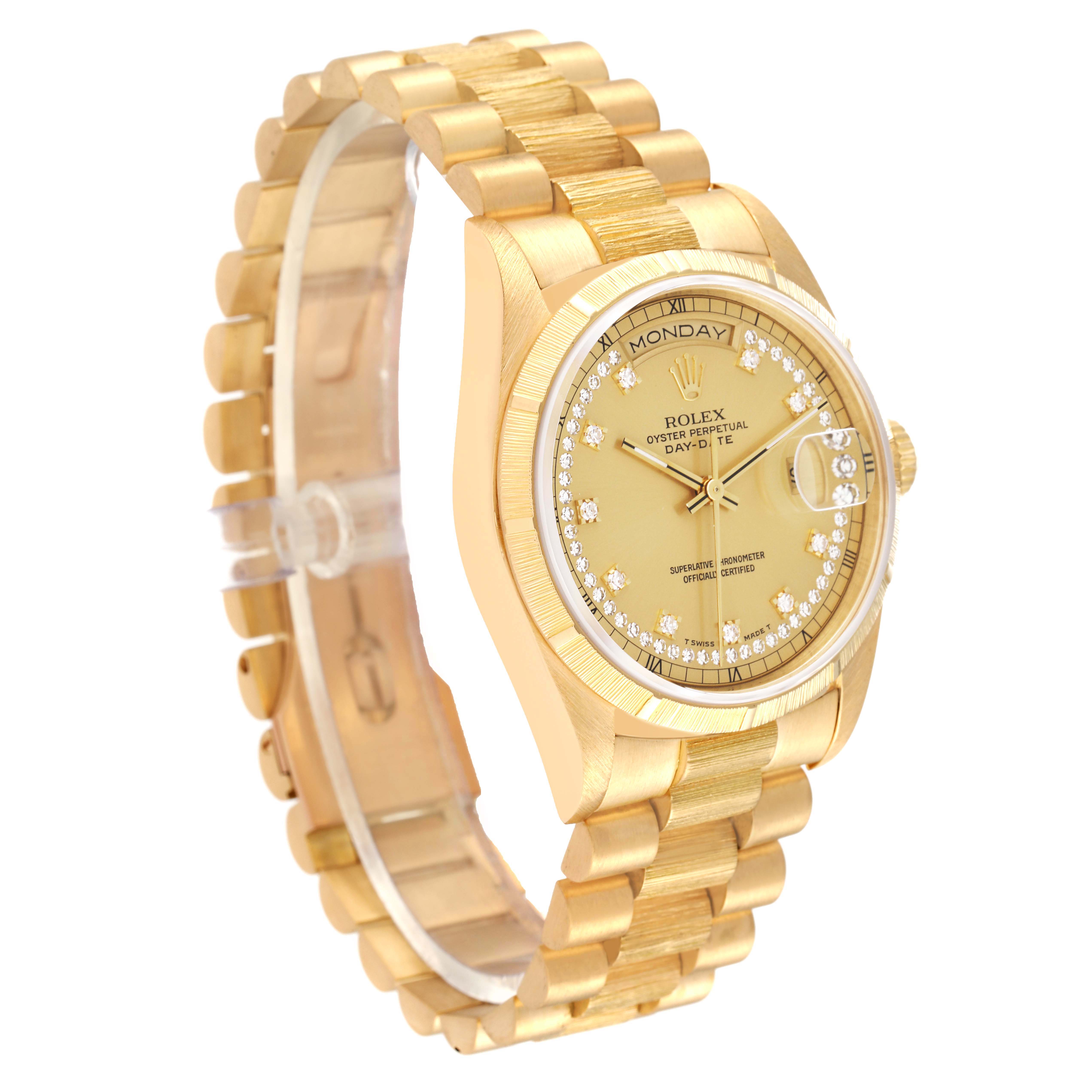 This image shows a Rolex President 18248 Men's Yellow Gold Champagne Dial 18248 Men's Yellow Gold Champagne Dial model watch, angled from the front-left, highlighting the bracelet, dial, and bezel.