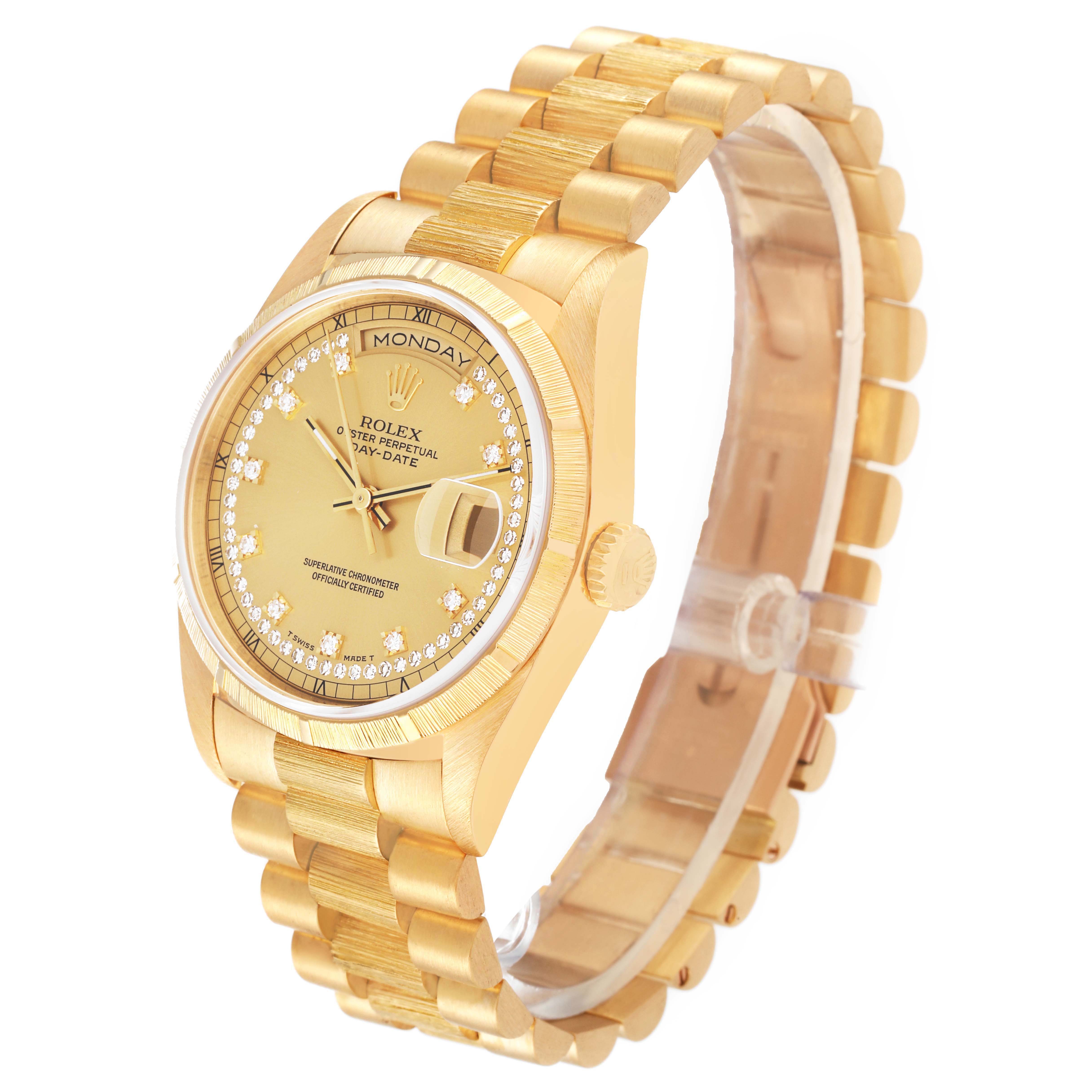 The image shows a Rolex President 18248 Men's Yellow Gold Champagne Dial 18248 Men's Yellow Gold Champagne Dial model watch angled from the right side, displaying the dial, bezel, crown, and bracelet.