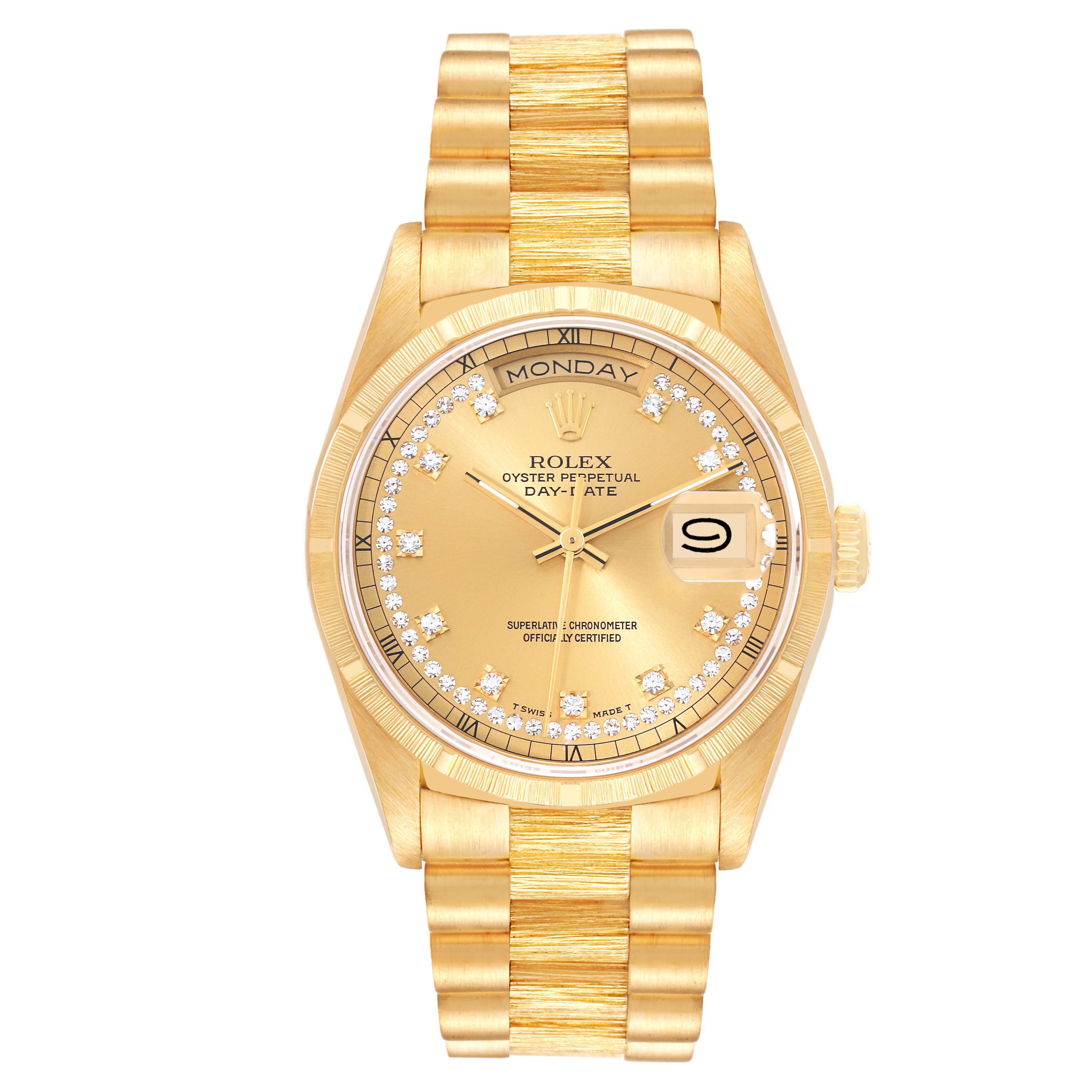 This image shows a front view of a gold Rolex President 18248 Men's Yellow Gold Champagne Dial 18248 Men's Yellow Gold Champagne Dial Day-Date watch.