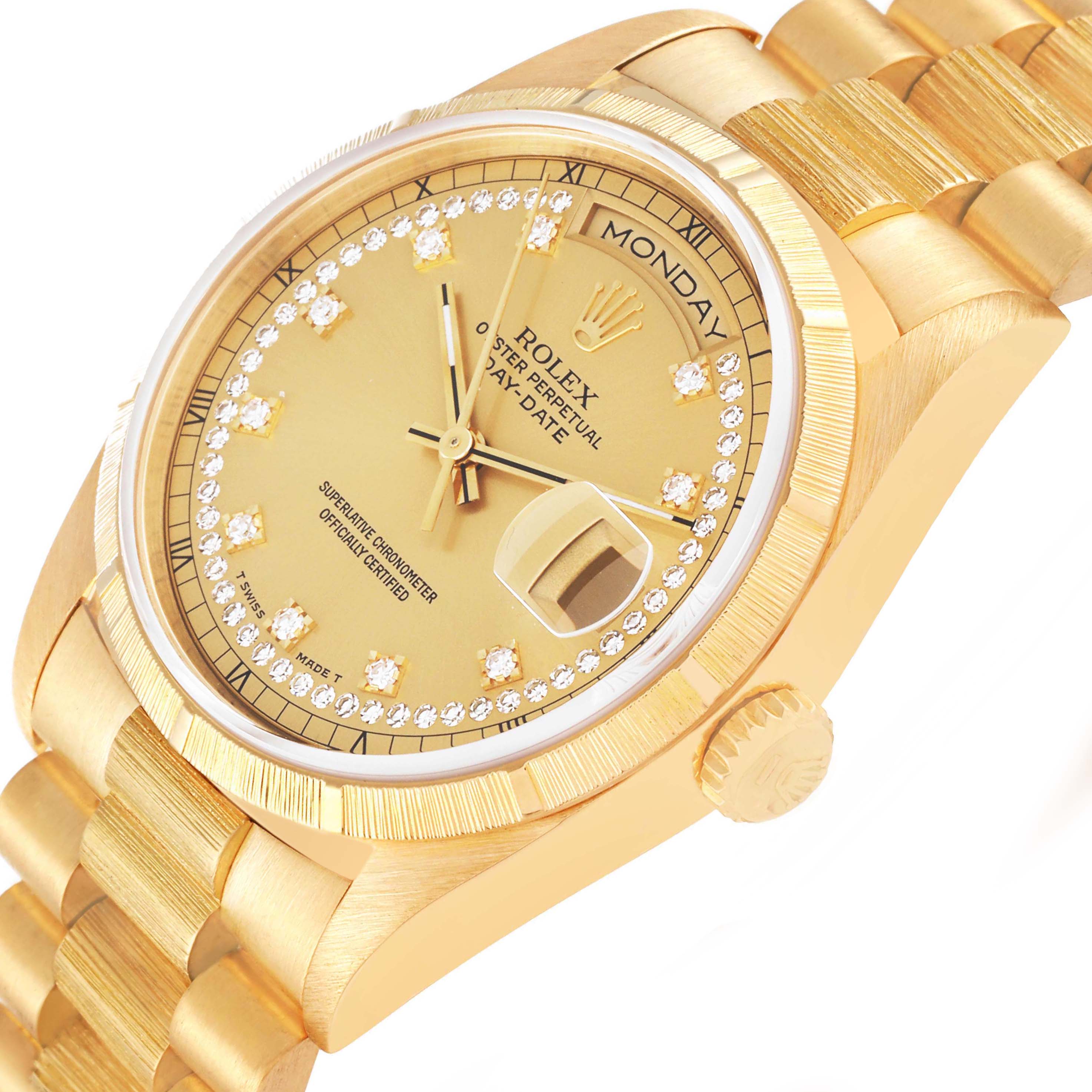 This image shows a close-up angled view of the Rolex President 18248 Men's Yellow Gold Champagne Dial 18248 Men's Yellow Gold Champagne Dial model watch, highlighting its gold bracelet, crown, and diamond-accented dial.