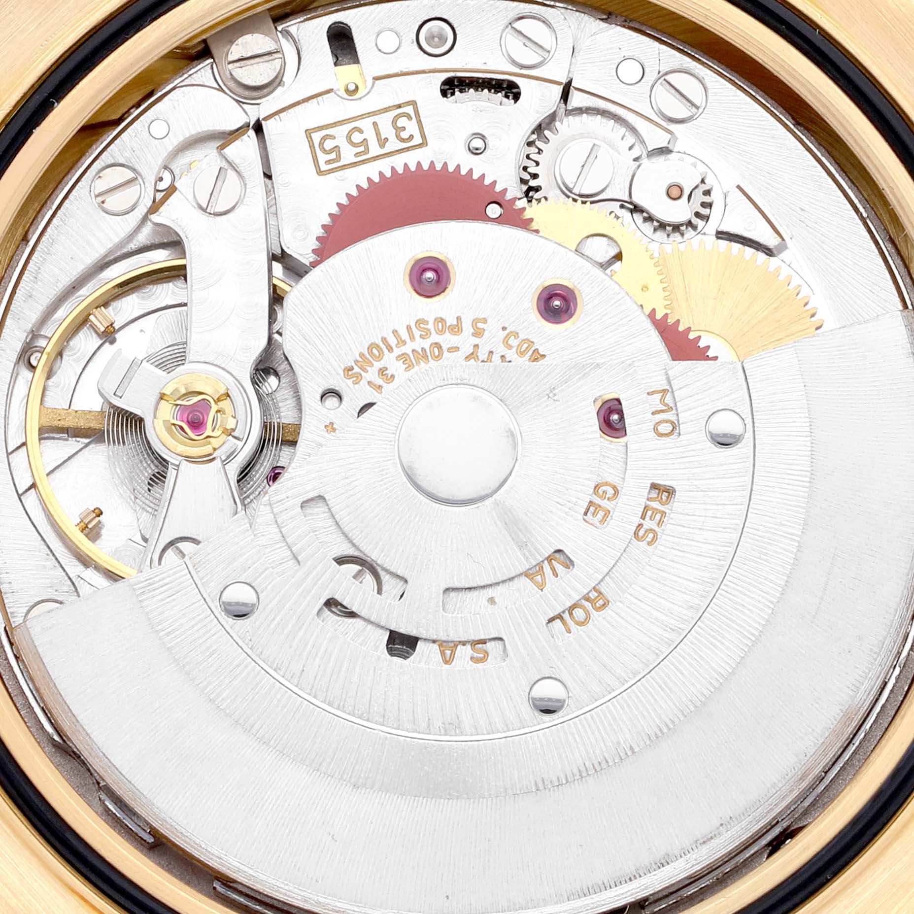 This image shows the intricate internal mechanics of a Rolex President 18248 Men's Yellow Gold Champagne Dial 18248 Men's Yellow Gold Champagne Dial model watch, viewed from the back case angle.