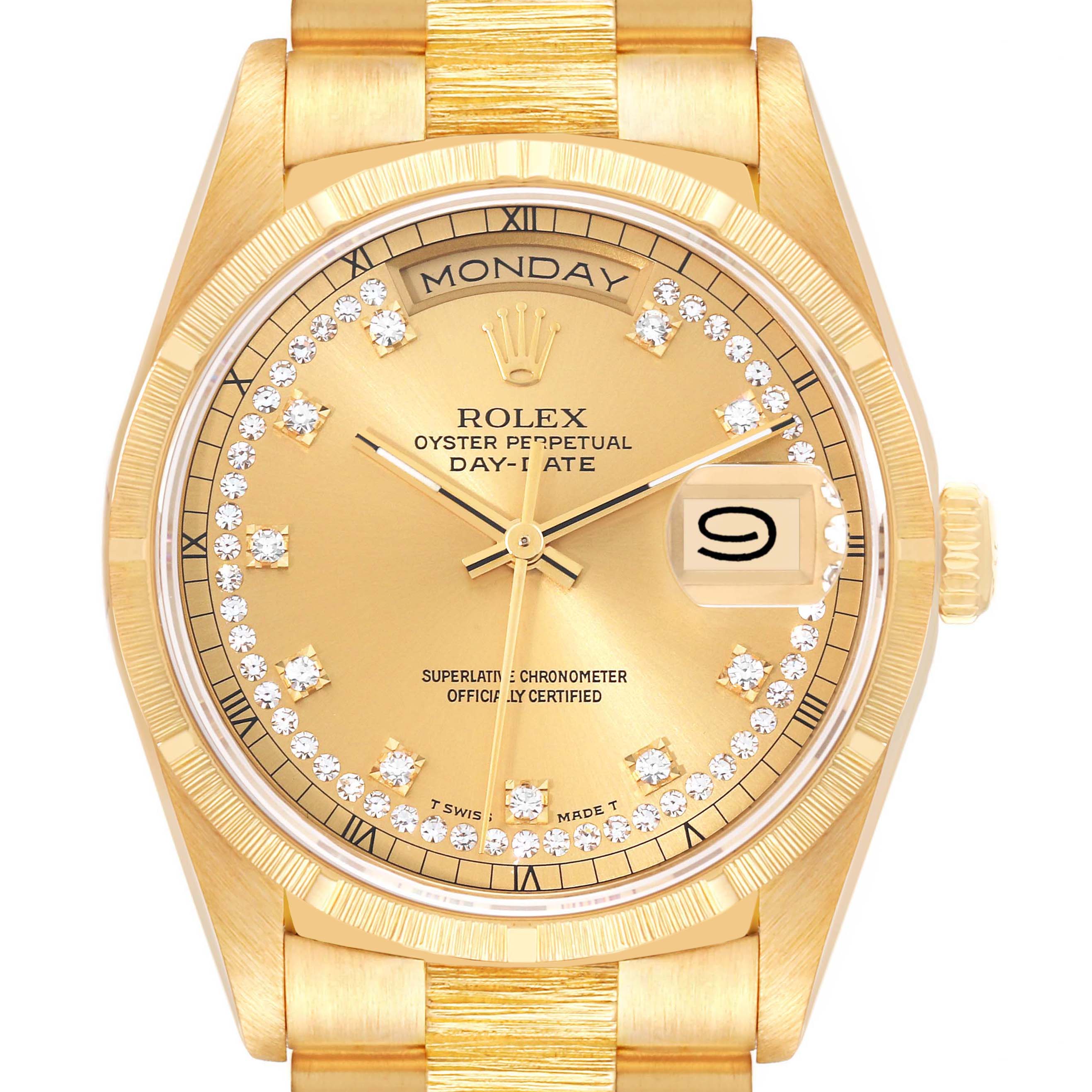 Rolex President Day Date Yellow Gold Bark Diamond Dial Mens Watch 18248