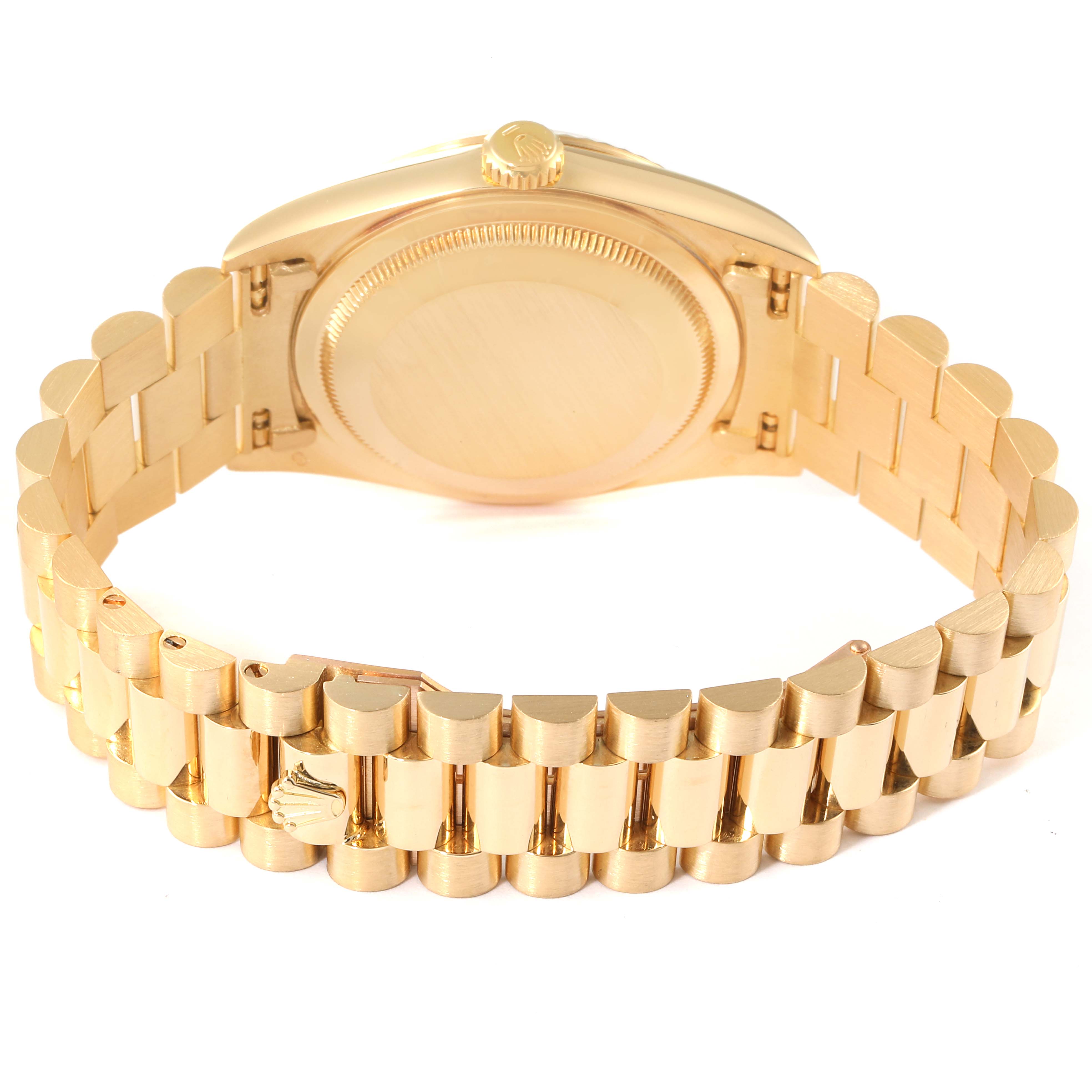 This image shows the back view of a Rolex President 18238 Men
s Yellow Gold Champagne Dial 18238 Men
s Yellow Gold Champagne Dial model watch, highlighting its bracelet and case back.