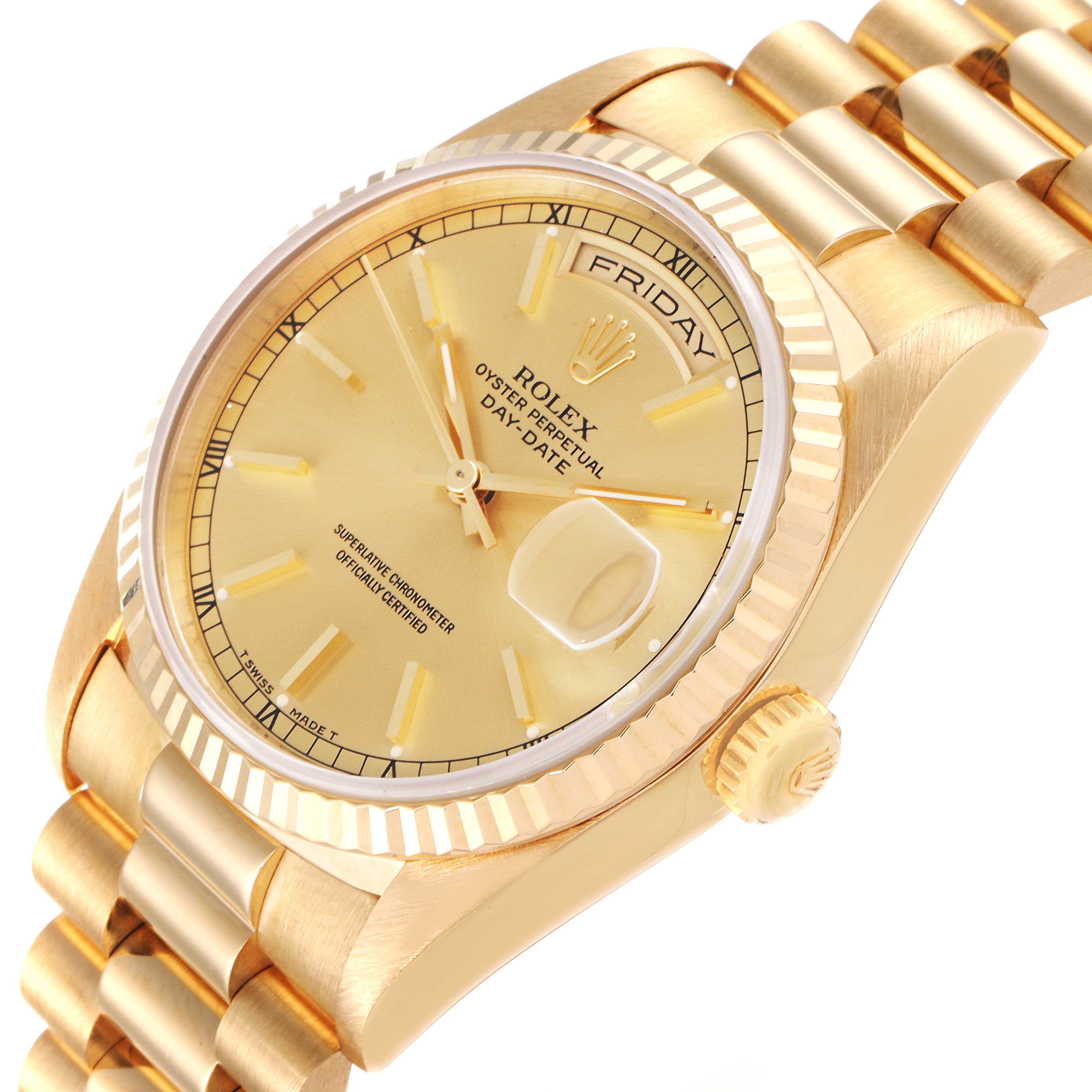 The image shows a close-up angle of the dial, bezel, crown, and bracelet of a Rolex President 18238 Men
s Yellow Gold Champagne Dial 18238 Men
s Yellow Gold Champagne Dial model watch in gold.