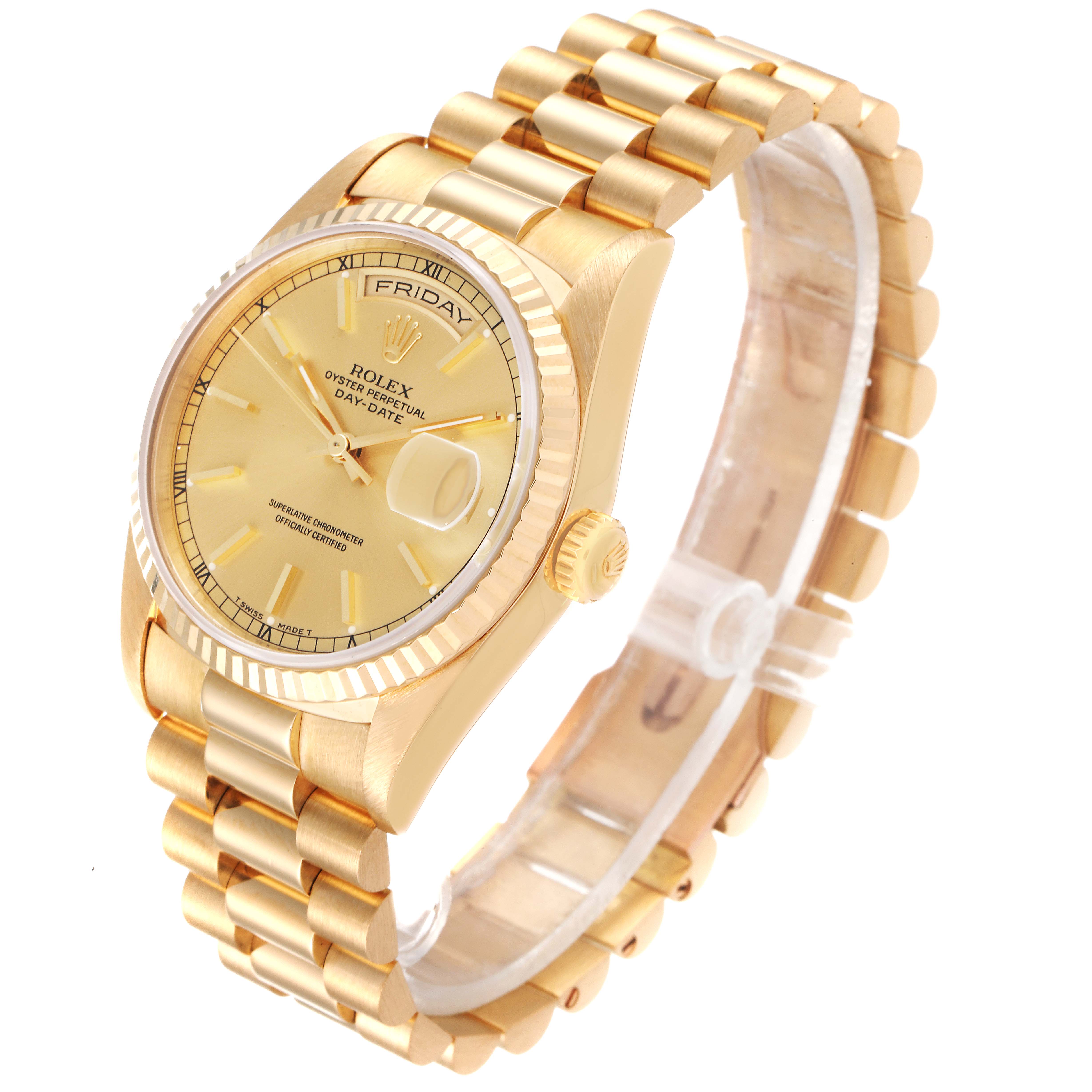 The Rolex President 18238 Men
s Yellow Gold Champagne Dial 18238 Men
s Yellow Gold Champagne Dial model watch is shown at a slight angle, showcasing its face, bezel, crown, and bracelet.