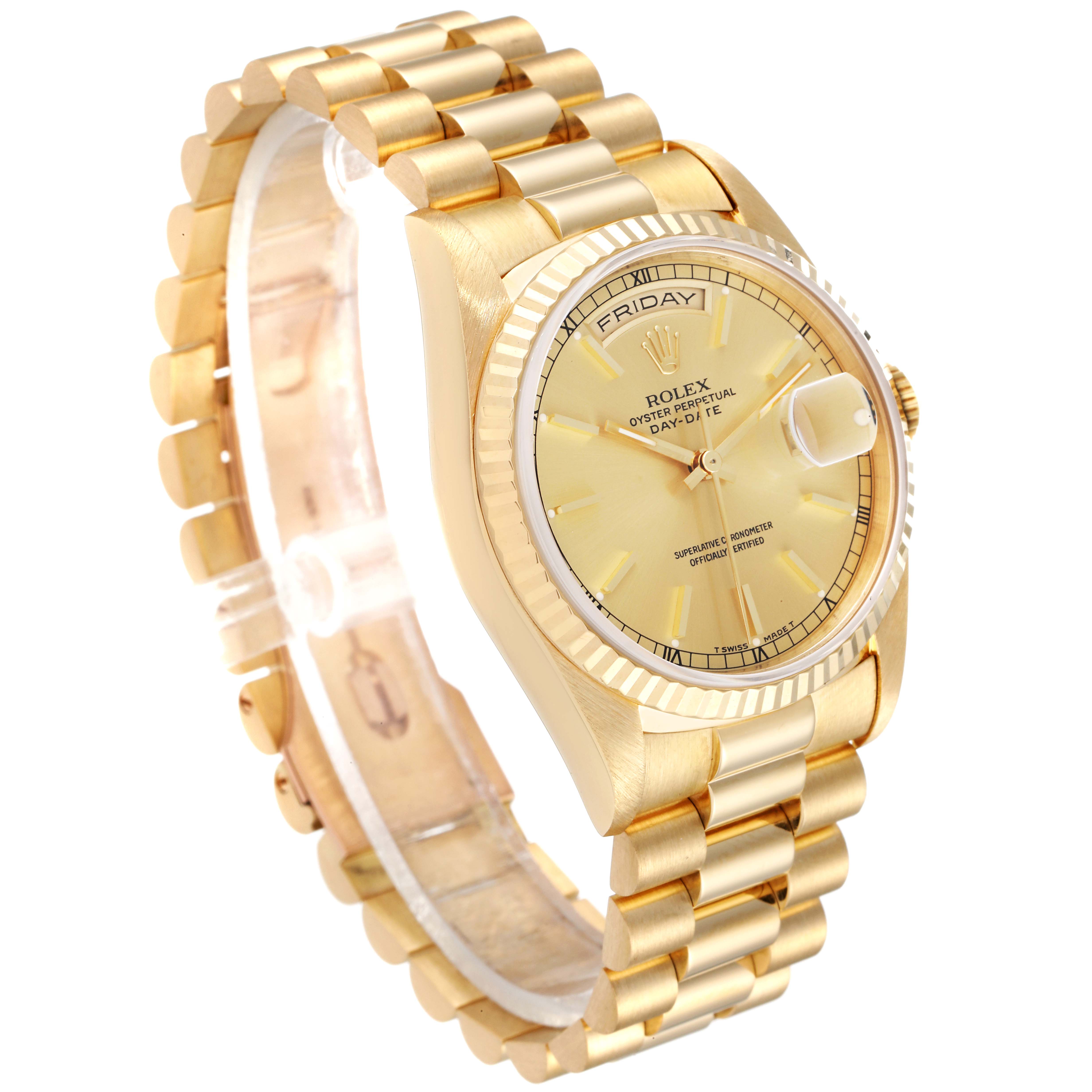 The image shows a side angle of a Rolex President 18238 Men
s Yellow Gold Champagne Dial 18238 Men
s Yellow Gold Champagne Dial model, highlighting its gold bracelet and dial with day-date display.