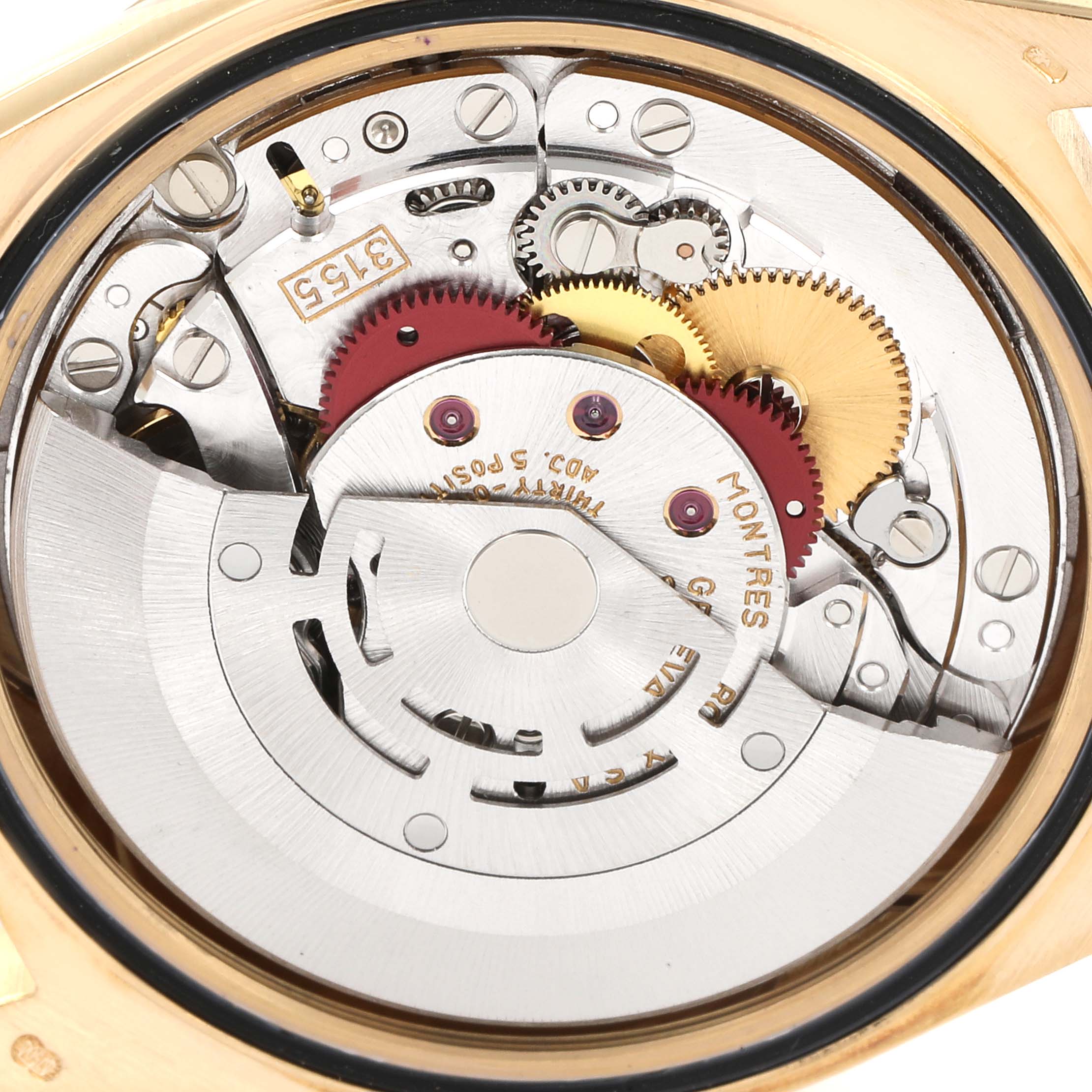 This image shows the inner mechanical workings of a Rolex President 18238 Men
s Yellow Gold Champagne Dial 18238 Men
s Yellow Gold Champagne Dial model watch from a rear angle.