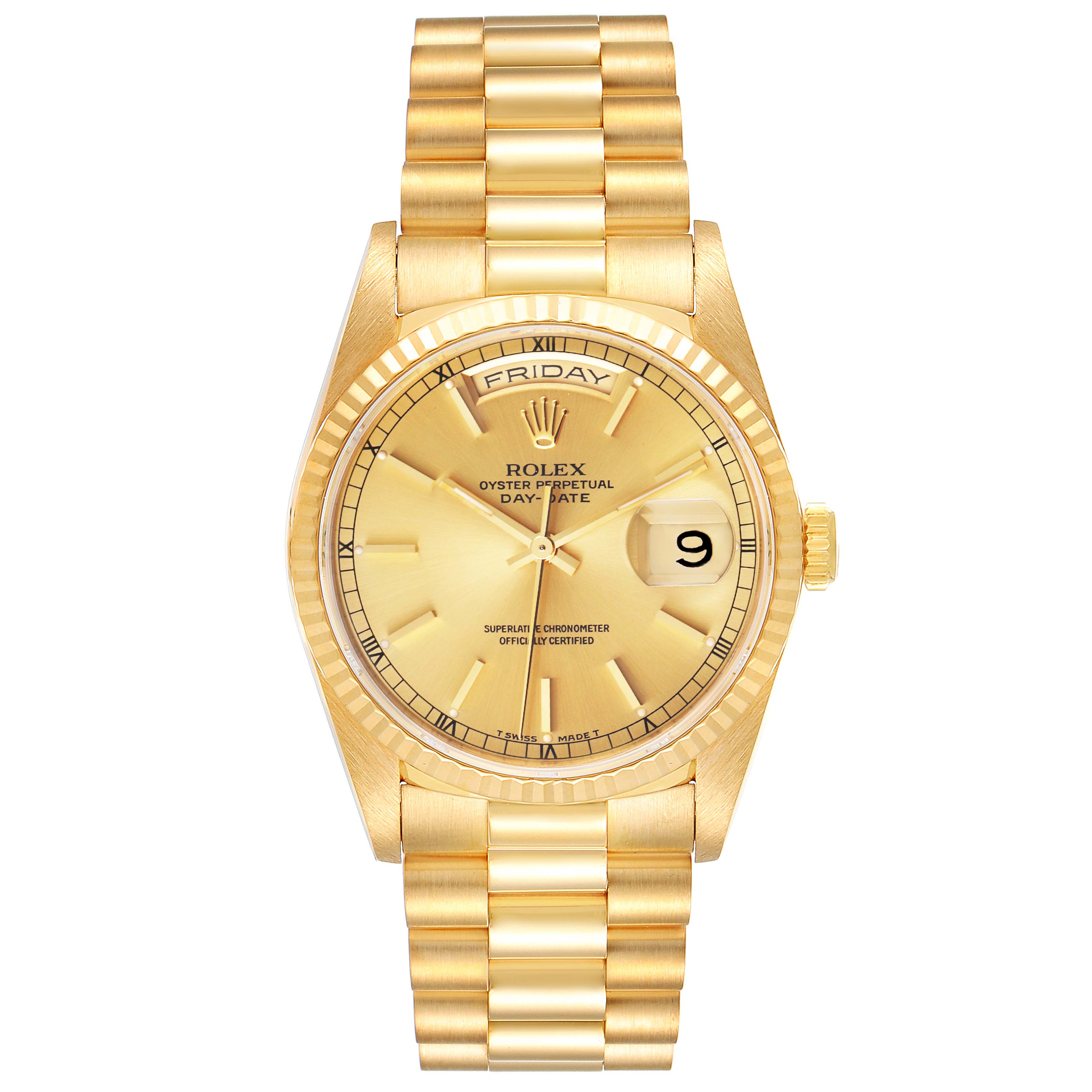 The image shows a front view of the Rolex President 18238 Men
s Yellow Gold Champagne Dial 18238 Men
s Yellow Gold Champagne Dial model watch, displaying its dial, bracelet, and day-date feature.