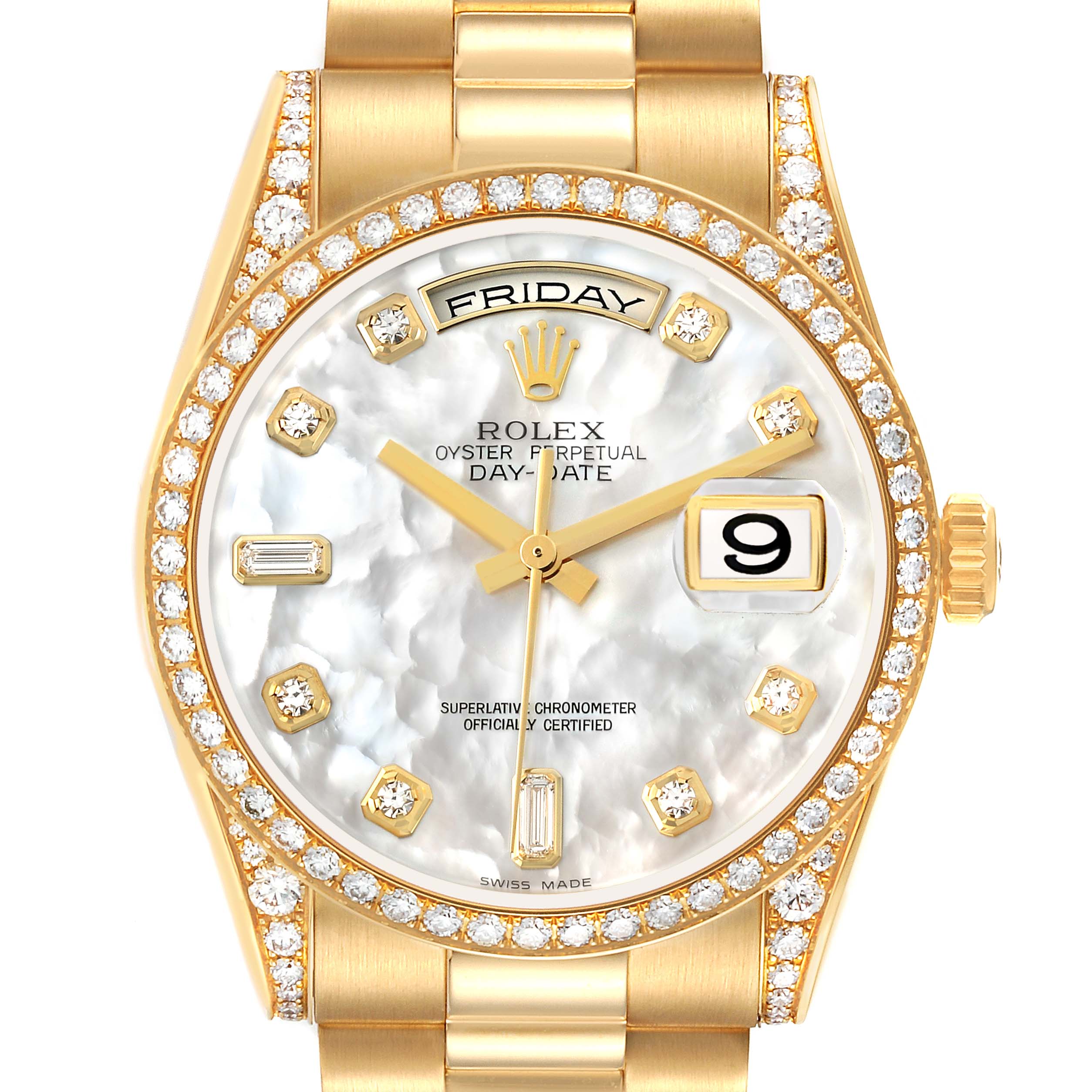 The Rolex President 118388 Men
s Yellow Gold Mother of Pearl Dial model watch is shown from the front, displaying the face, bezel, and part of the bracelet.