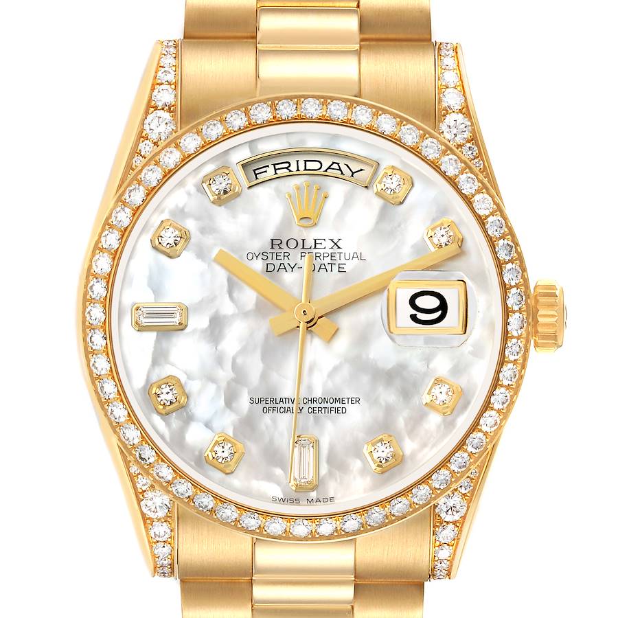 The Rolex President 118388 Men's Yellow Gold Mother of Pearl Dial model watch is shown from the front, displaying the face, bezel, and part of the bracelet.