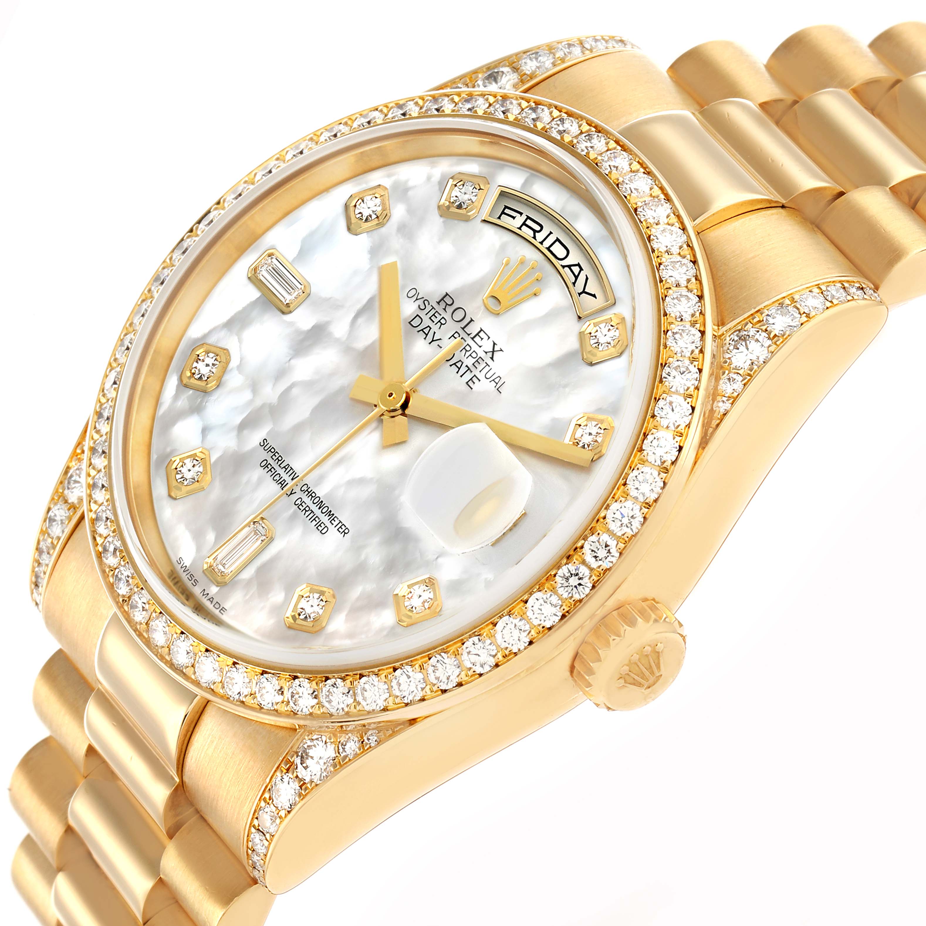 The Rolex President 118388 Men
s Yellow Gold Mother of Pearl Dial watch is shown at an angle displaying the face, bezel, and band, highlighting diamond accents and day-date features.