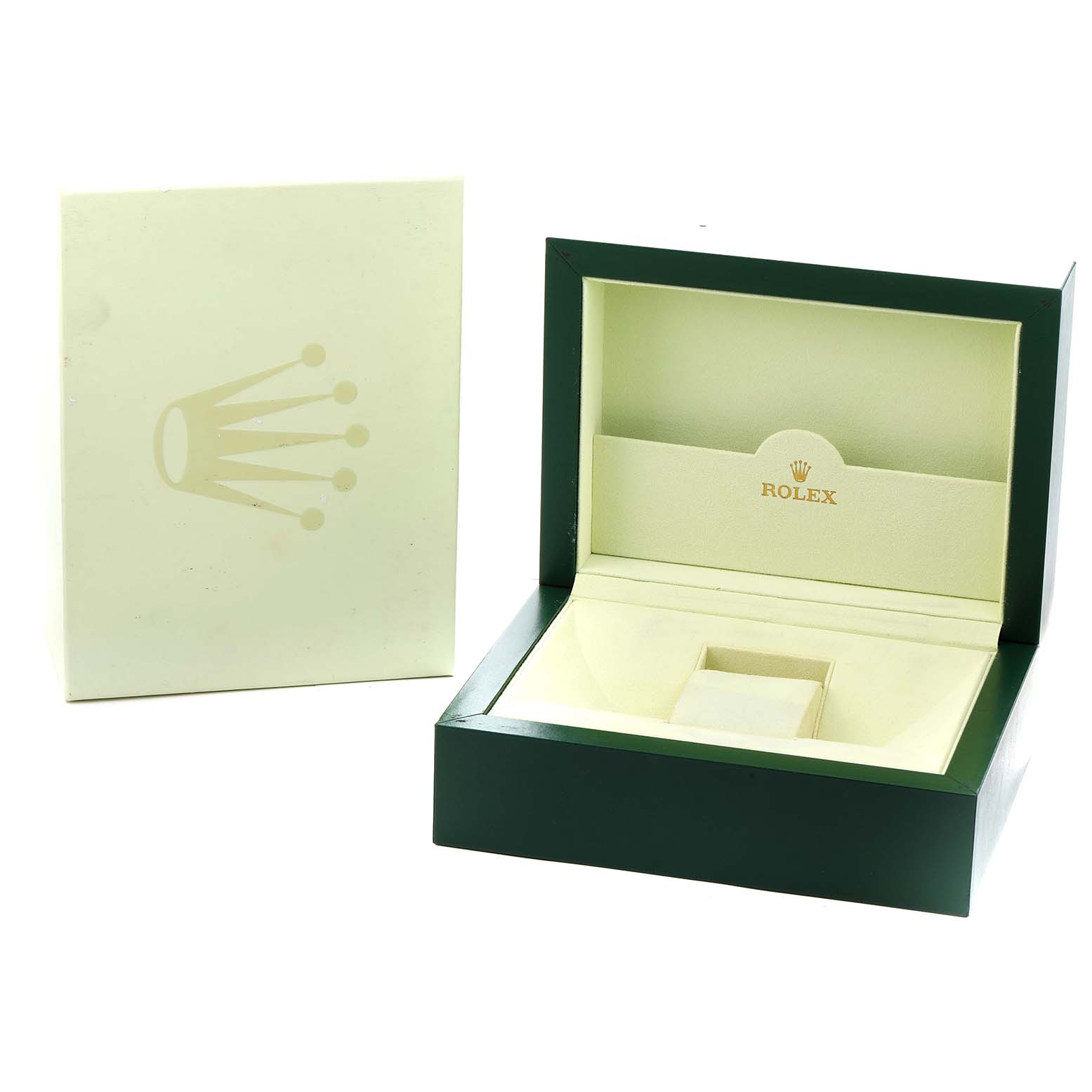 The image shows an empty Rolex President 118388 Men
s Yellow Gold Mother of Pearl Dial watch box and outer packaging, viewed from the front.