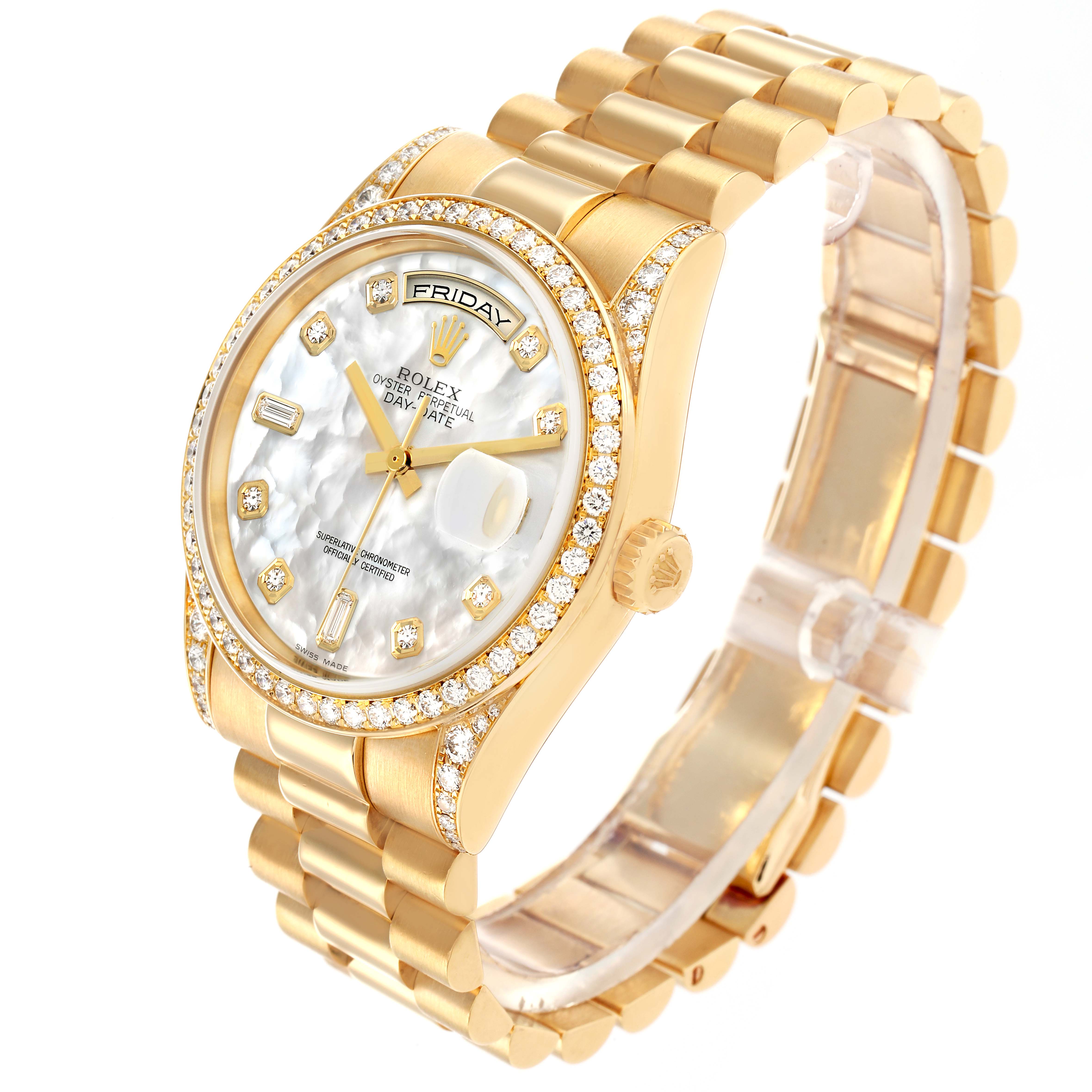 The Rolex President 118388 Men
s Yellow Gold Mother of Pearl Dial watch is shown at an angle highlighting the face, crown, bracelet, and diamond-encrusted bezel.
