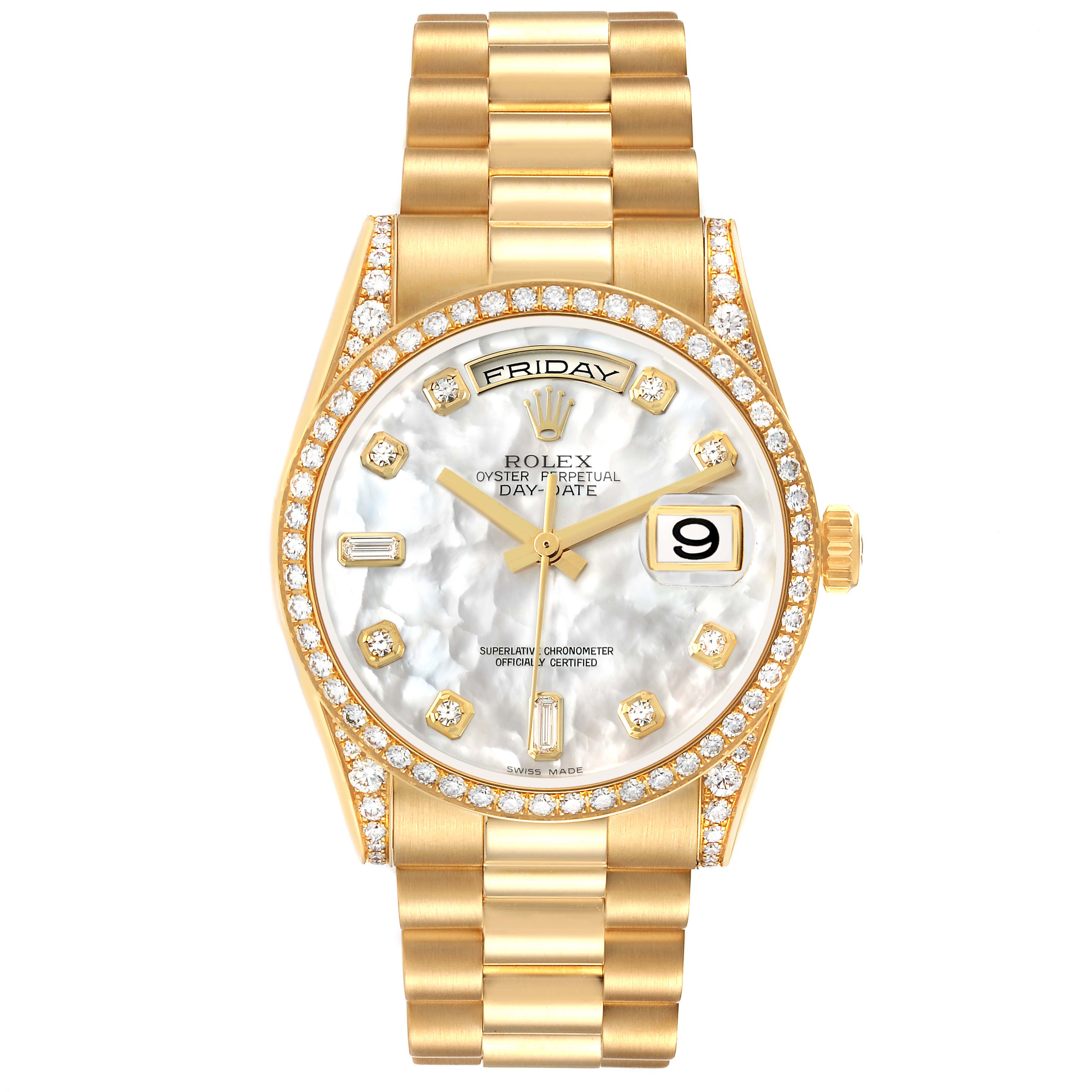The Rolex President 118388 Men
s Yellow Gold Mother of Pearl Dial model watch is shown from a top-down angle, displaying its face, bezel, and bracelet.