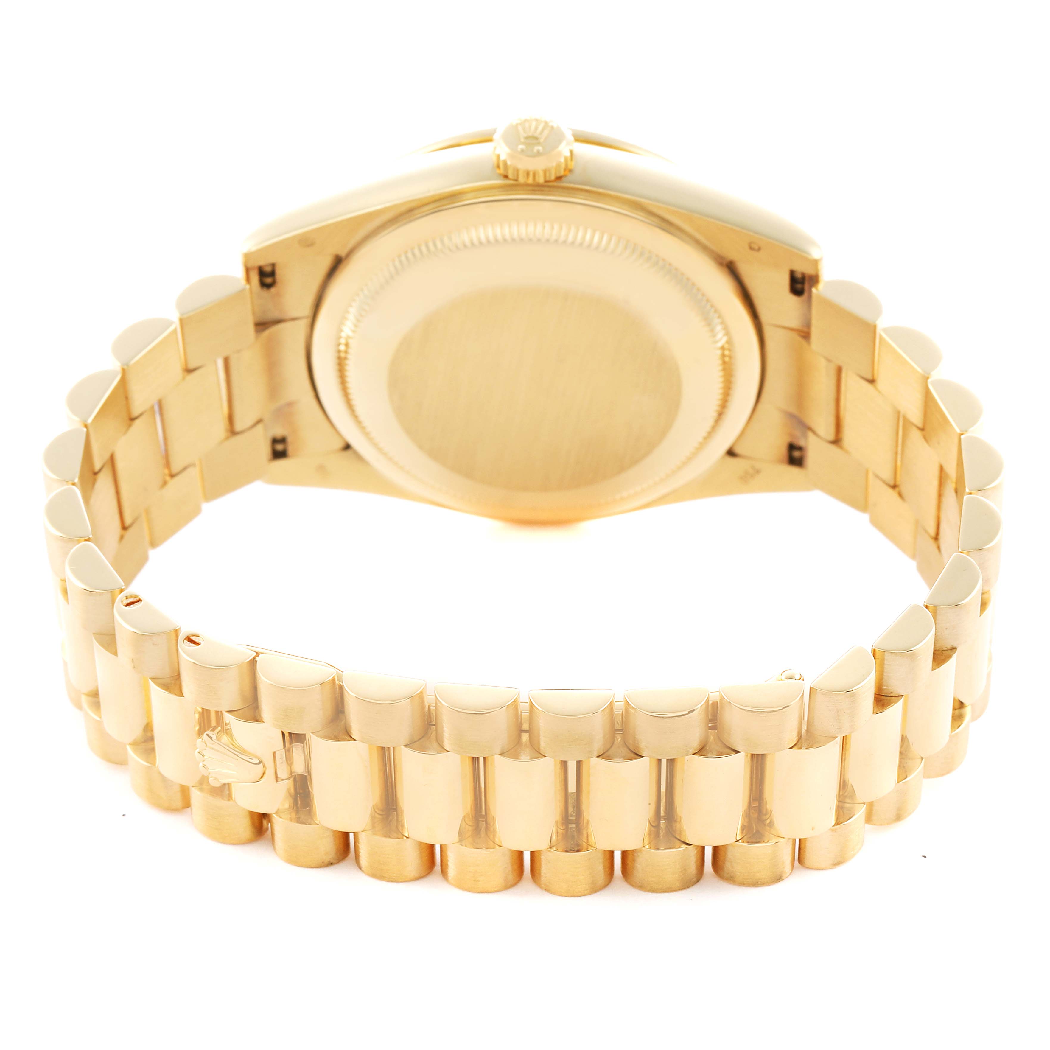 The Rolex President 118388 Men
s Yellow Gold Mother of Pearl Dial model is shown from the back, highlighting the case back, clasp, and bracelet links.