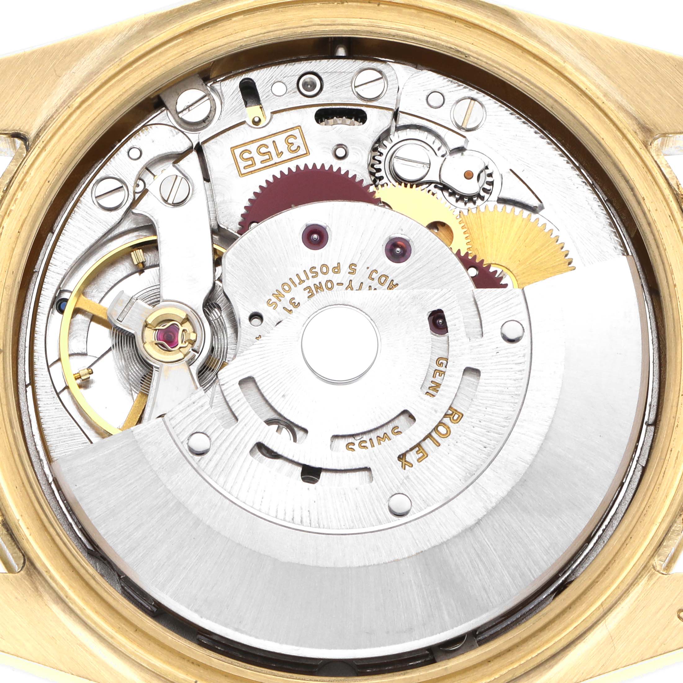 The image shows the movement of a Rolex President 118388 Men
s Yellow Gold Mother of Pearl Dial model viewed from the back, highlighting gears and components.