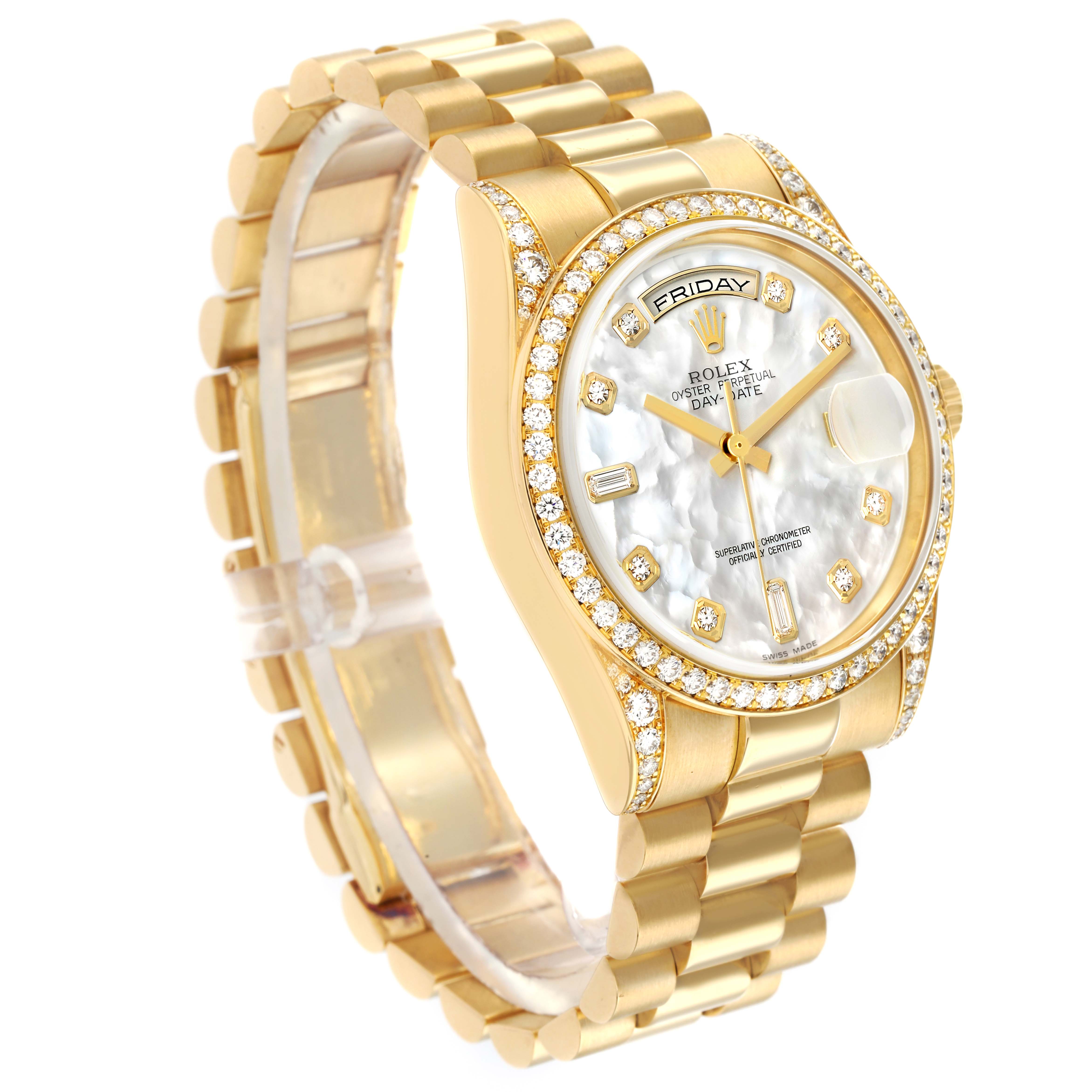 The Rolex President 118388 Men
s Yellow Gold Mother of Pearl Dial watch is shown at an angled side view, displaying the face, bezel, bracelet, and crown.