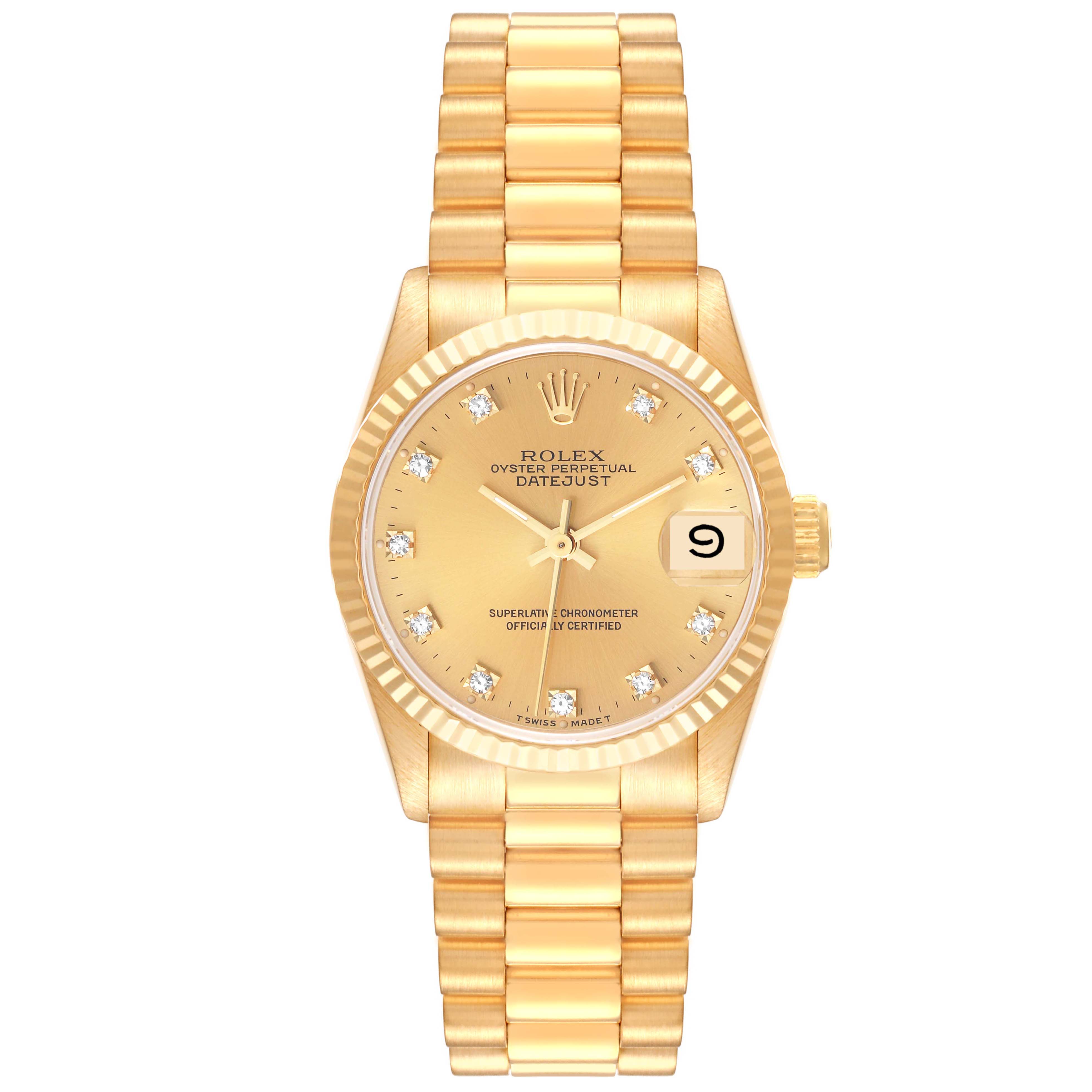 This image shows the front view of the Rolex President 68278 Women's Yellow Gold Champagne Dial 68278 Women's Yellow Gold Champagne Dial model watch, showcasing its dial, bracelet, and crown.
