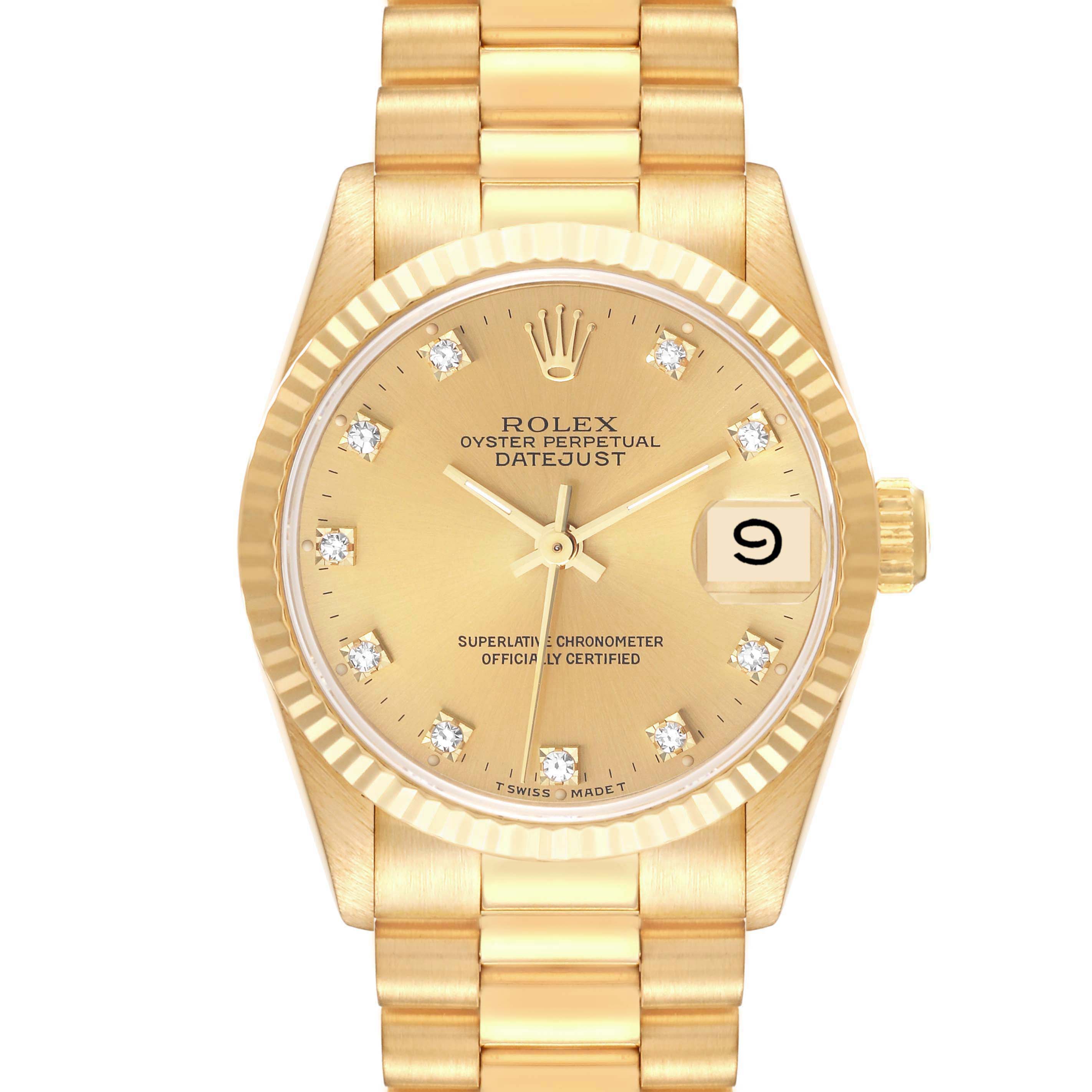 This image shows the Rolex President 68278 Women's Yellow Gold Champagne Dial 68278 Women's Yellow Gold Champagne Dial model watch face, bezel, and bracelet from a front angle.
