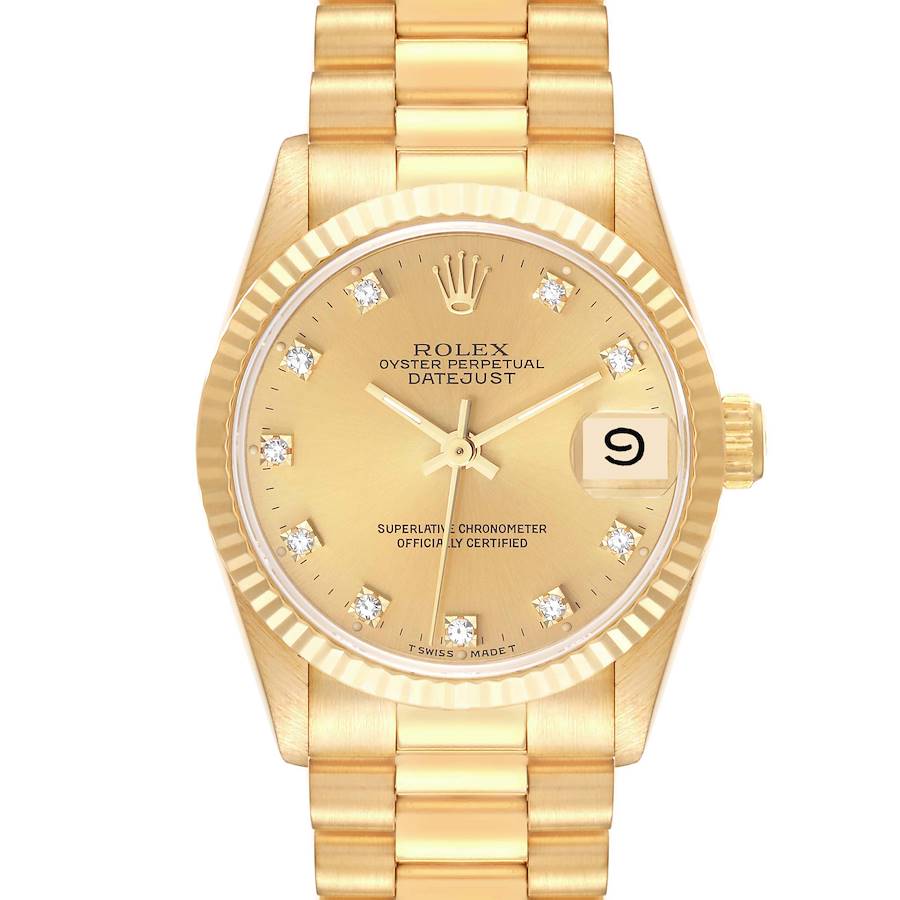 Rolex President Midsize Yellow Gold Diamond Dial Ladies Watch 68278 Papers SwissWatchExpo
