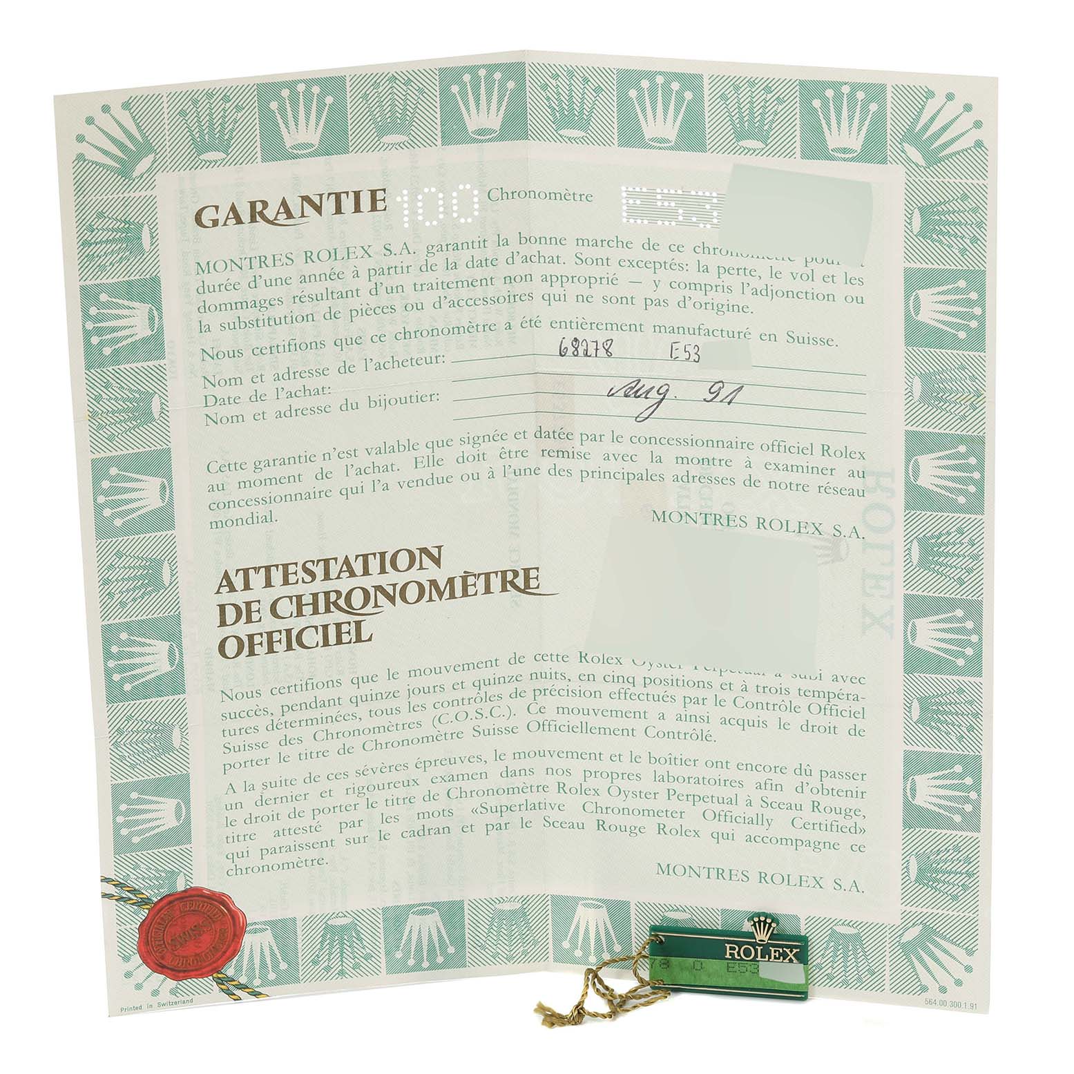 The image shows a Rolex warranty document with the "Attestation de Chronomètre Officiel" for a Rolex President 68278 Women's Yellow Gold Champagne Dial 68278 Women's Yellow Gold Champagne Dial model watch.