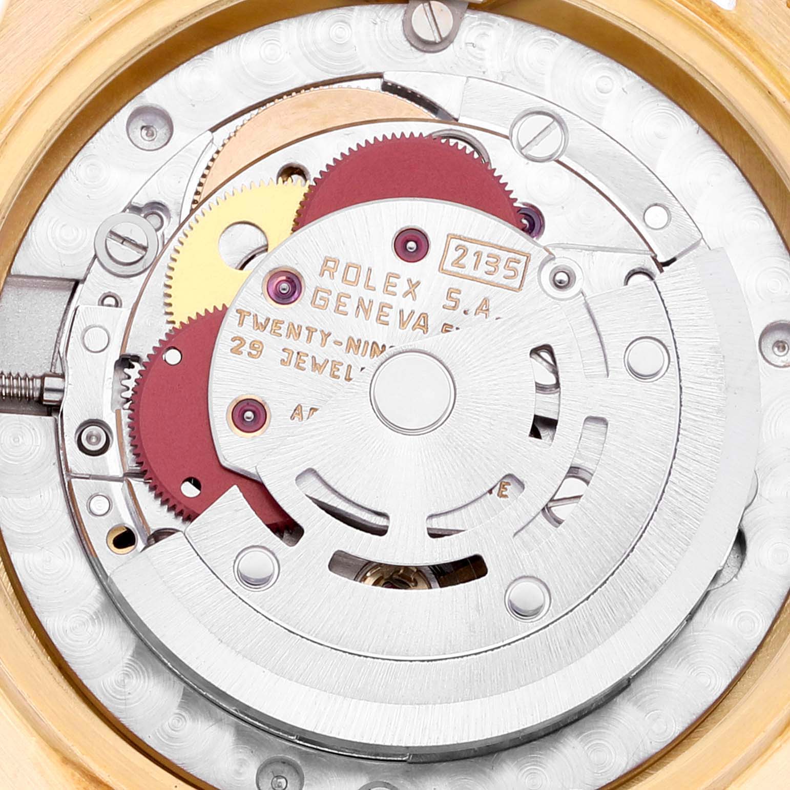 This image shows a close-up view of the movement mechanism of a Rolex President 68278 Women's Yellow Gold Champagne Dial 68278 Women's Yellow Gold Champagne Dial model watch.