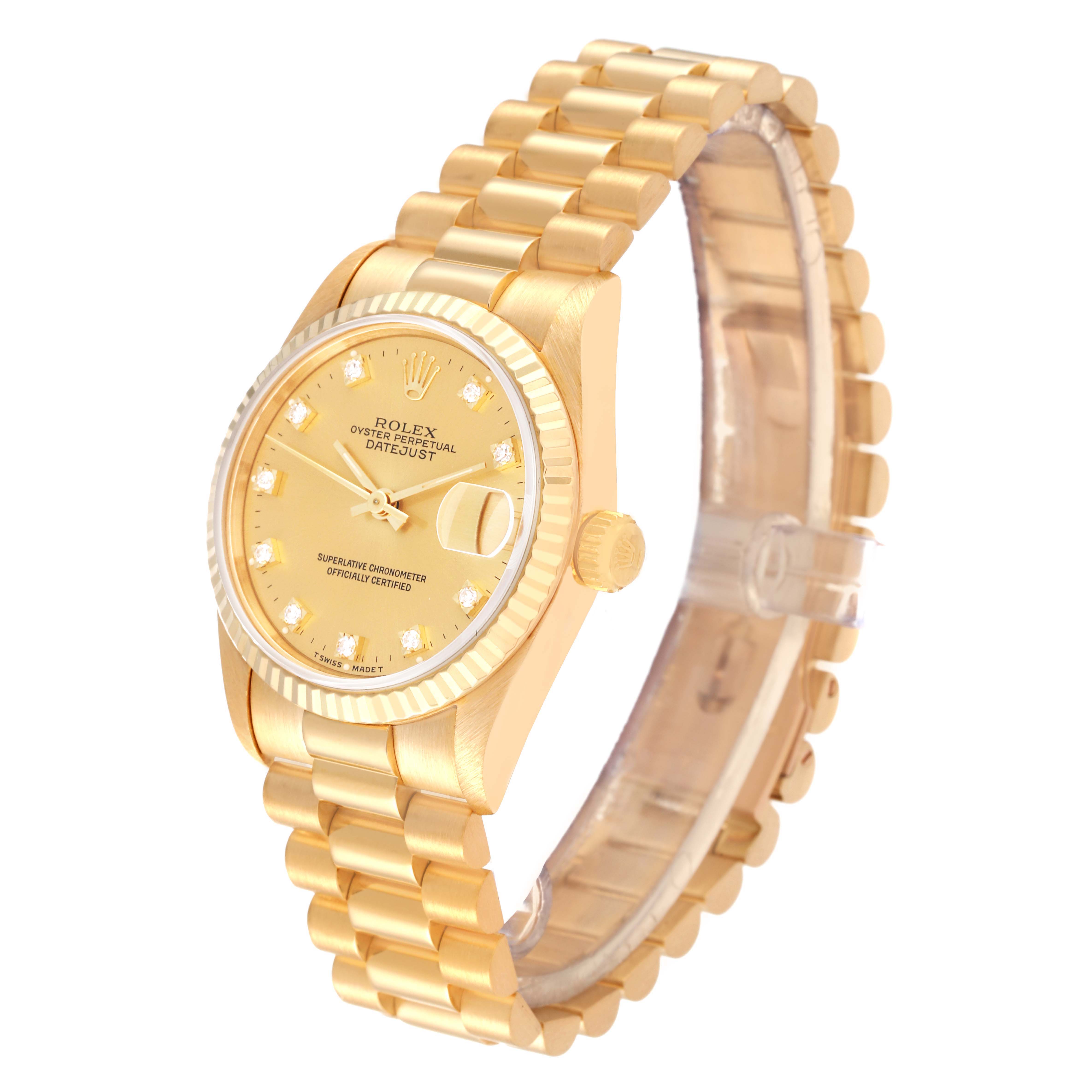 This is a front angled view of a Rolex President 68278 Women's Yellow Gold Champagne Dial 68278 Women's Yellow Gold Champagne Dial model, showcasing its gold band, dial, case, and crown.