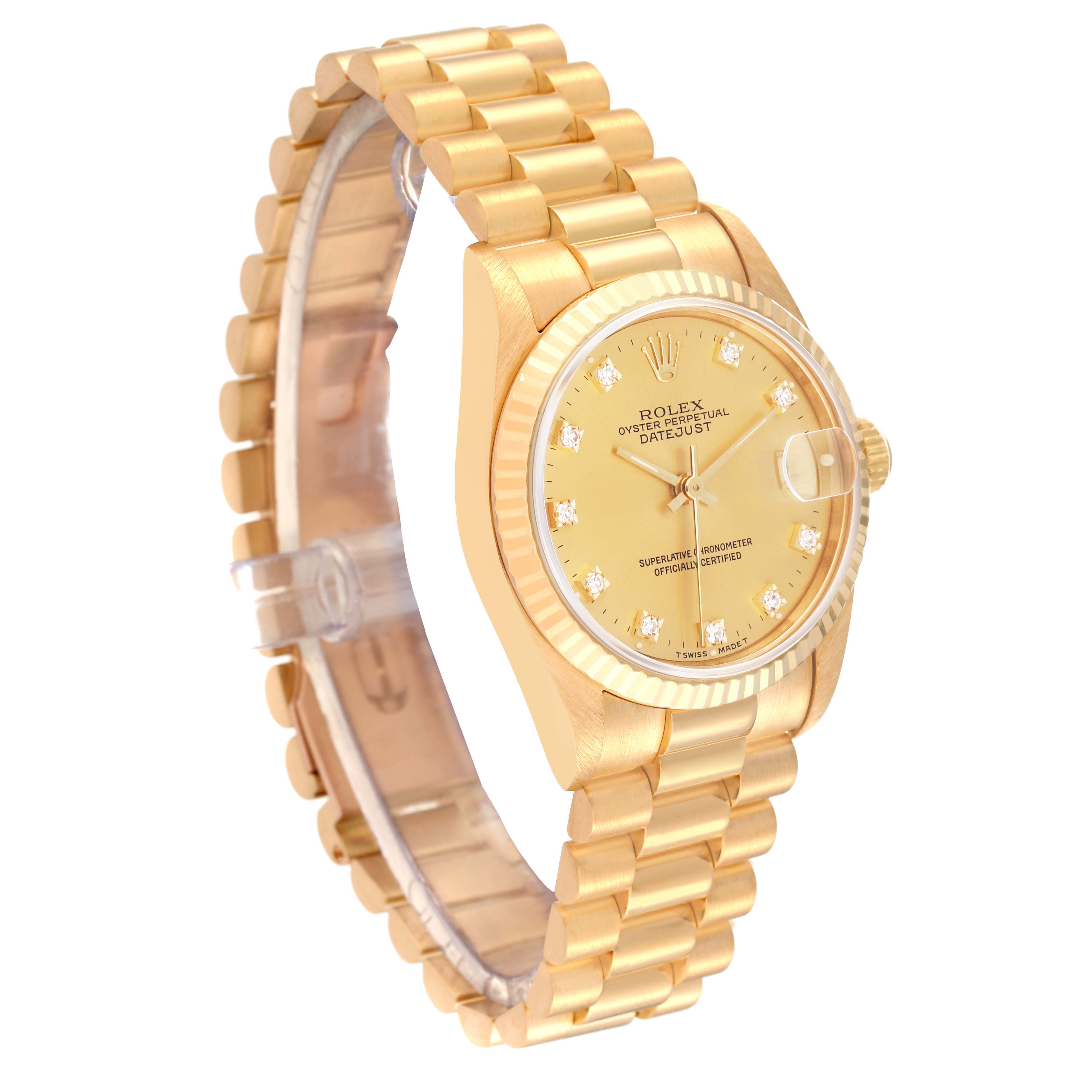 This image shows the Rolex President 68278 Women's Yellow Gold Champagne Dial 68278 Women's Yellow Gold Champagne Dial model watch, highlighting its dial, bezel, crown, and bracelet from a three-quarter angle.