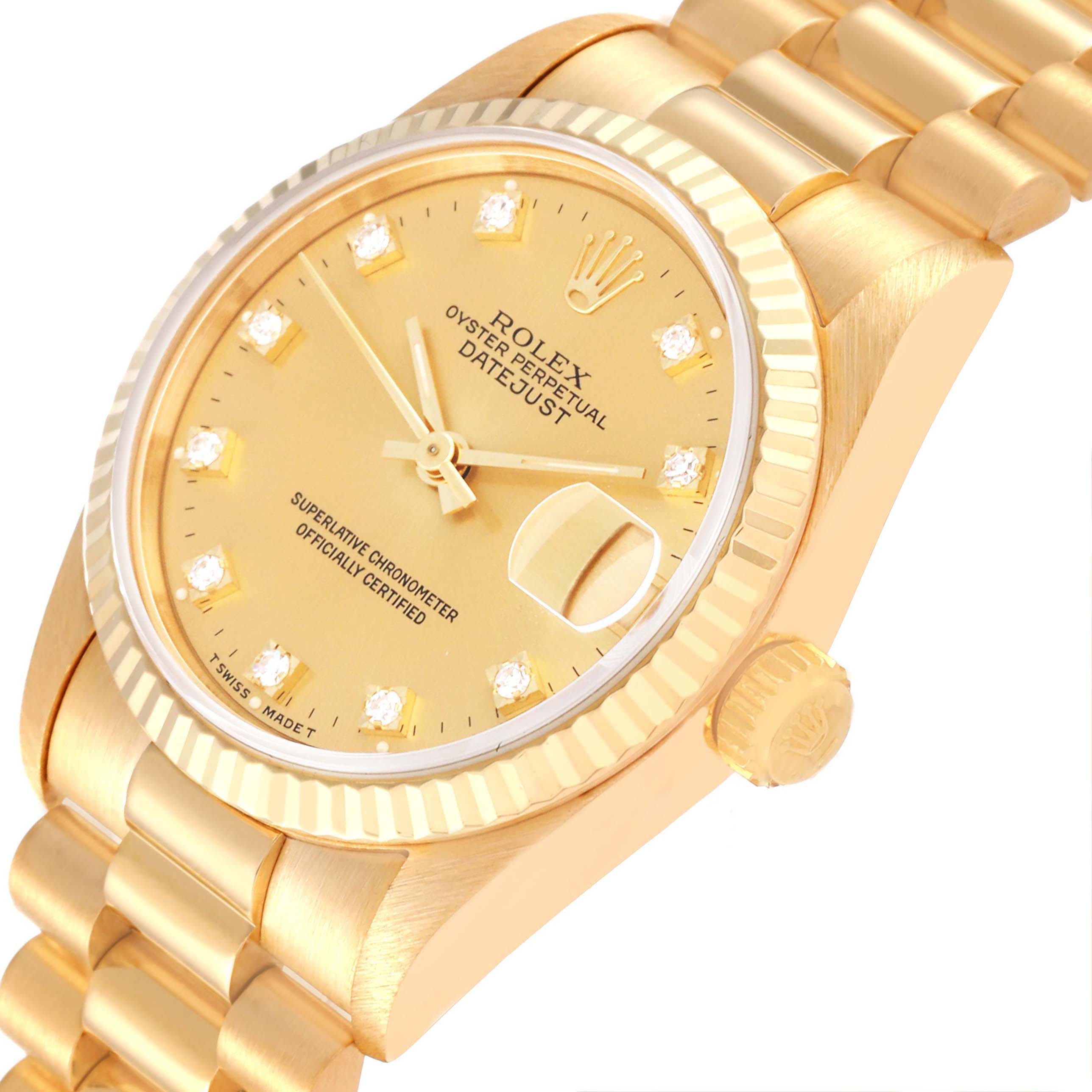 The image shows a side-angle view of a Rolex President 68278 Women's Yellow Gold Champagne Dial 68278 Women's Yellow Gold Champagne Dial model watch showcasing its dial, fluted bezel, and bracelet.