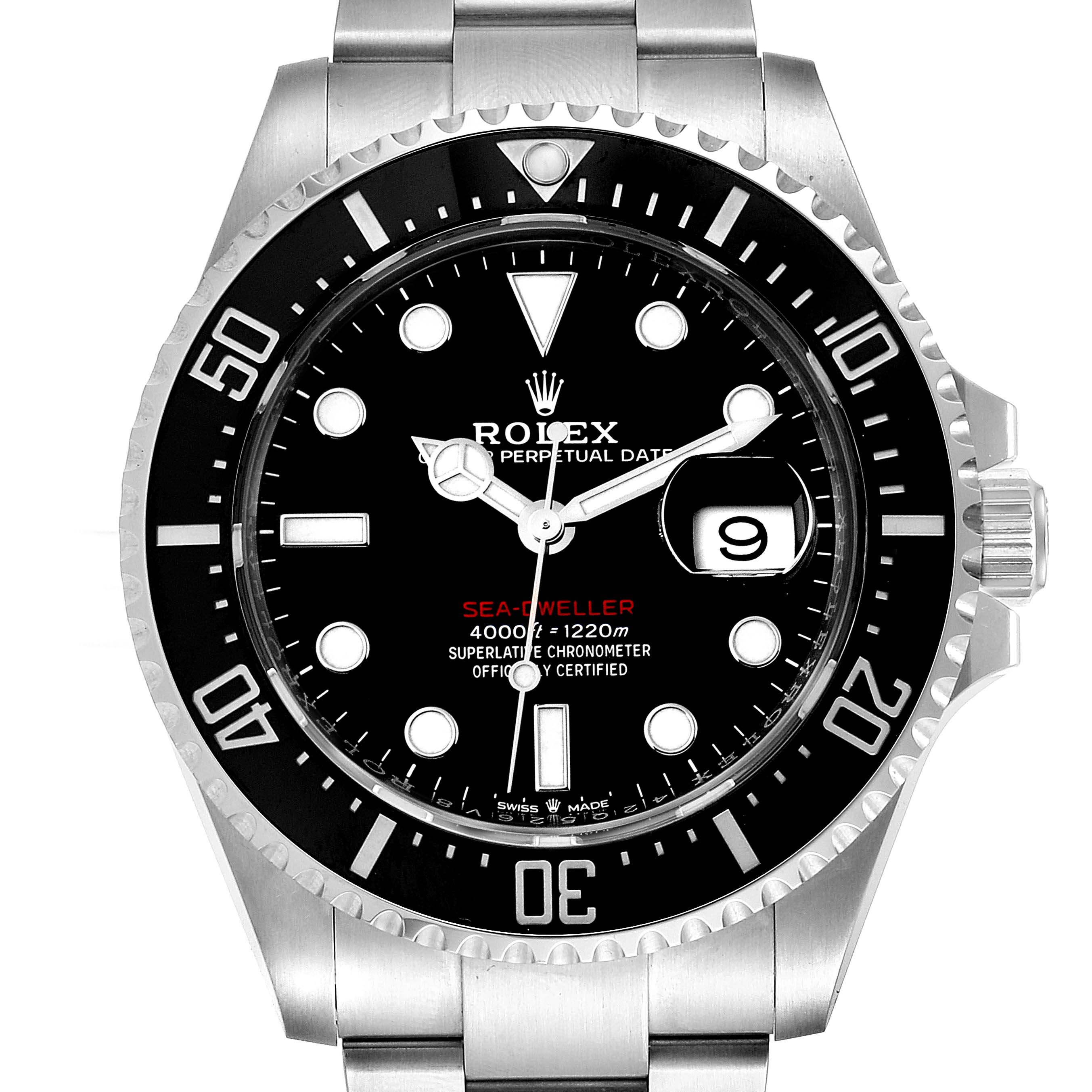 This image shows a front view of a Rolex Sea-Dweller 126600 Men's Stainless Steel Black Dial 126600 Men's Stainless Steel Black Dial watch, highlighting the face, bezel, case, and part of the bracelet.