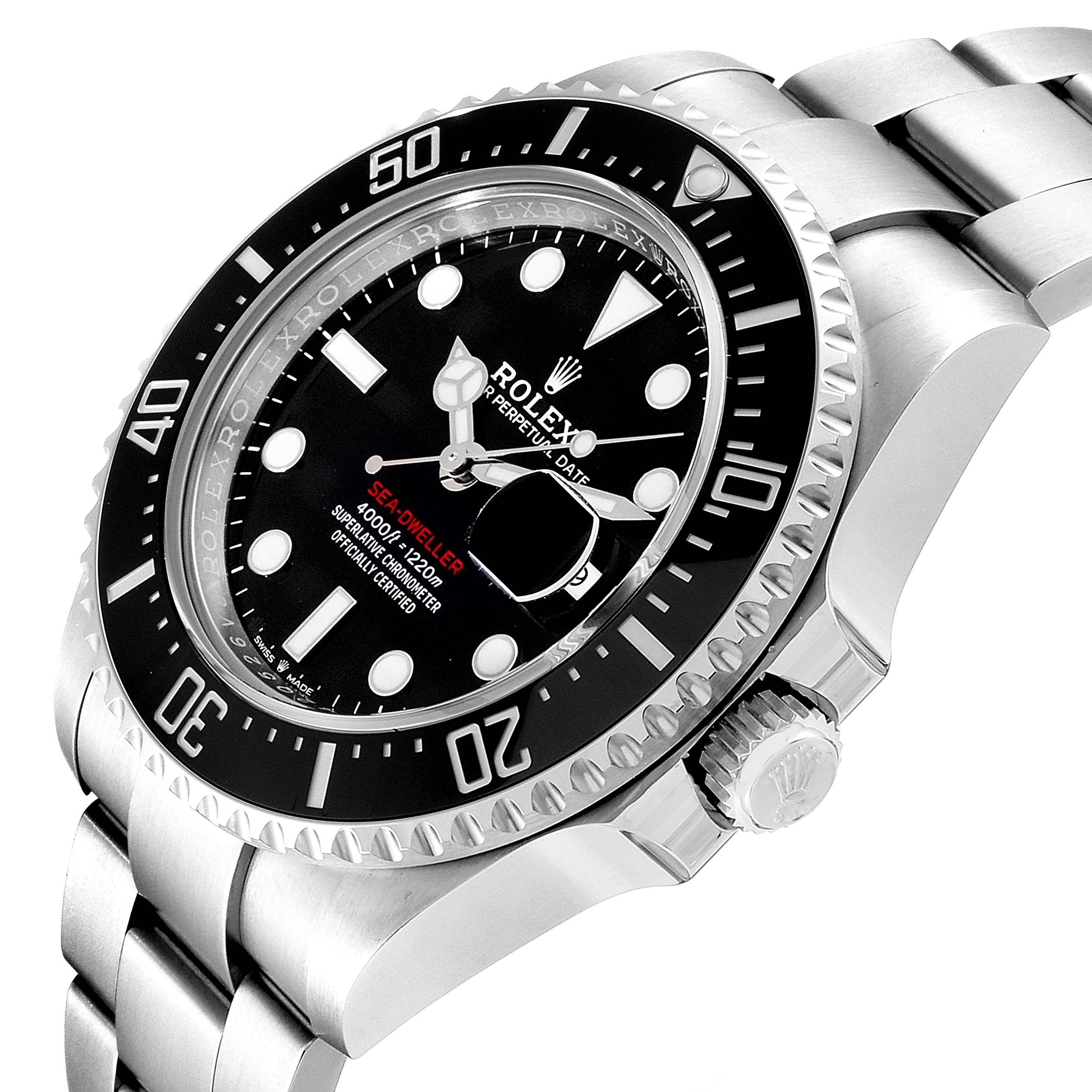 This image shows a Rolex Sea-Dweller 126600 Men's Stainless Steel Black Dial 126600 Men's Stainless Steel Black Dial watch from a side angle, highlighting the dial, bezel, crown, and part of the bracelet.
