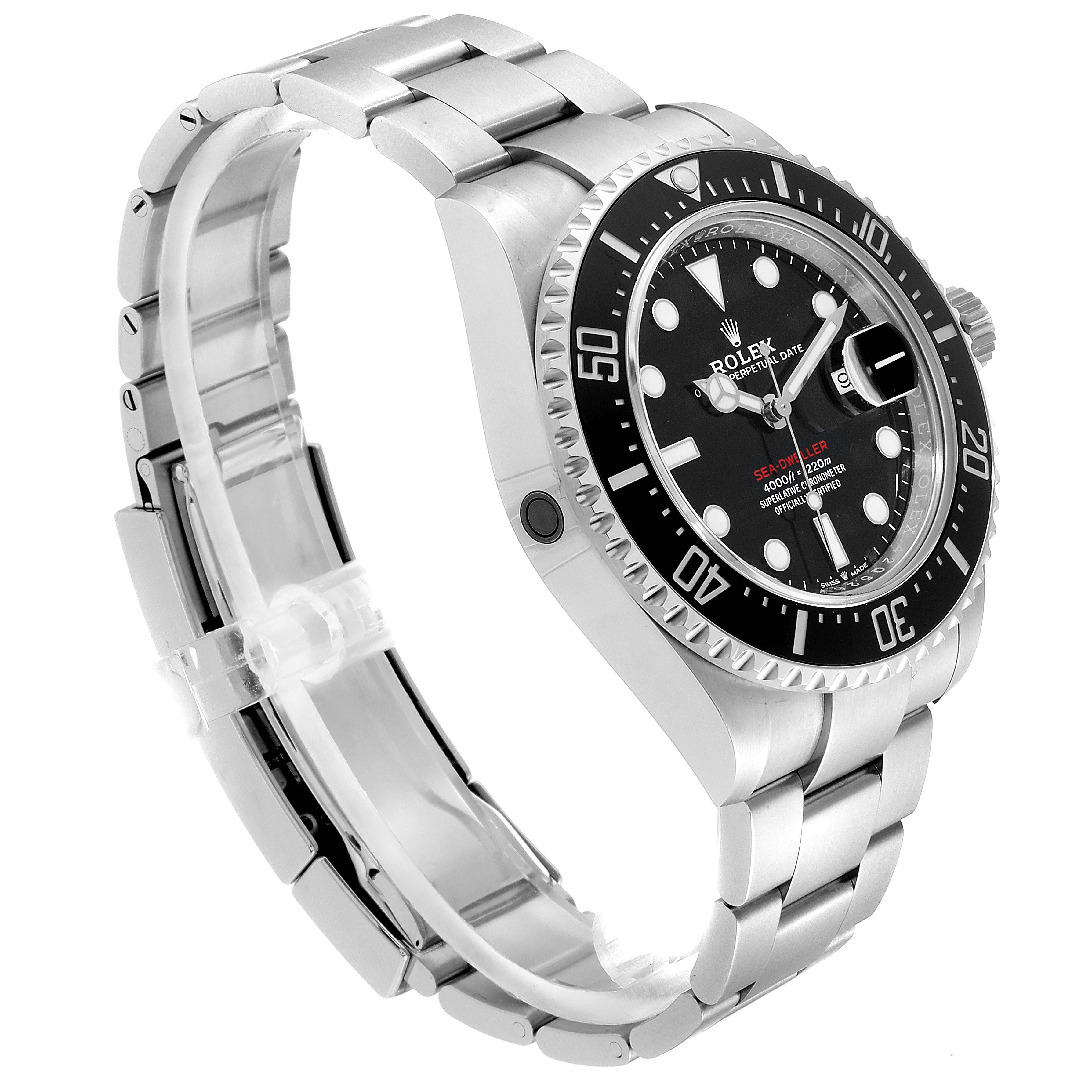 The image shows a side angle of a Rolex Sea-Dweller 126600 Men's Stainless Steel Black Dial 126600 Men's Stainless Steel Black Dial watch, highlighting the bracelet, bezel, and crown.