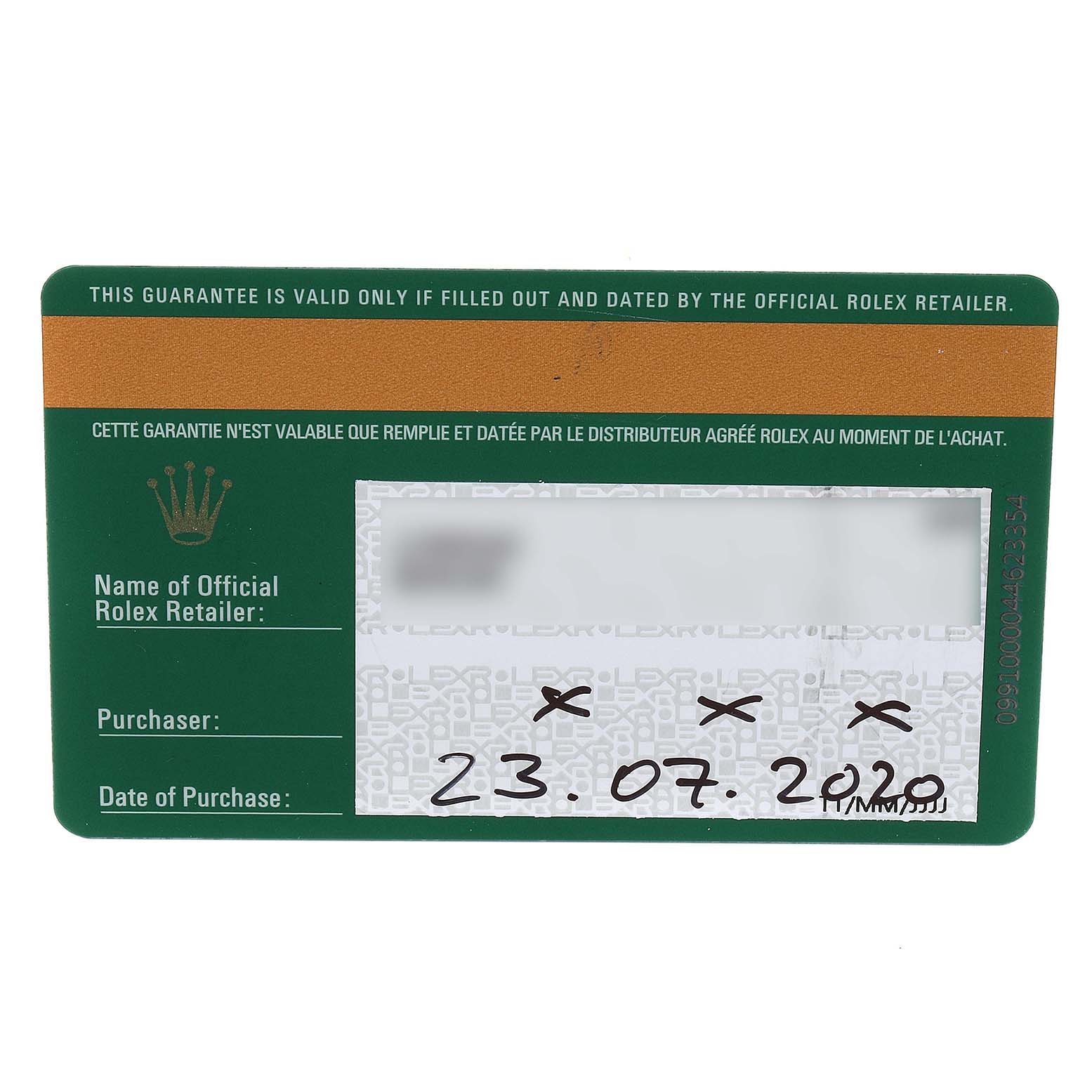 The image shows the guarantee card for the Rolex Sea-Dweller 126600 Men's Stainless Steel Black Dial 126600 Men's Stainless Steel Black Dial model, indicating purchase details and retailer information.