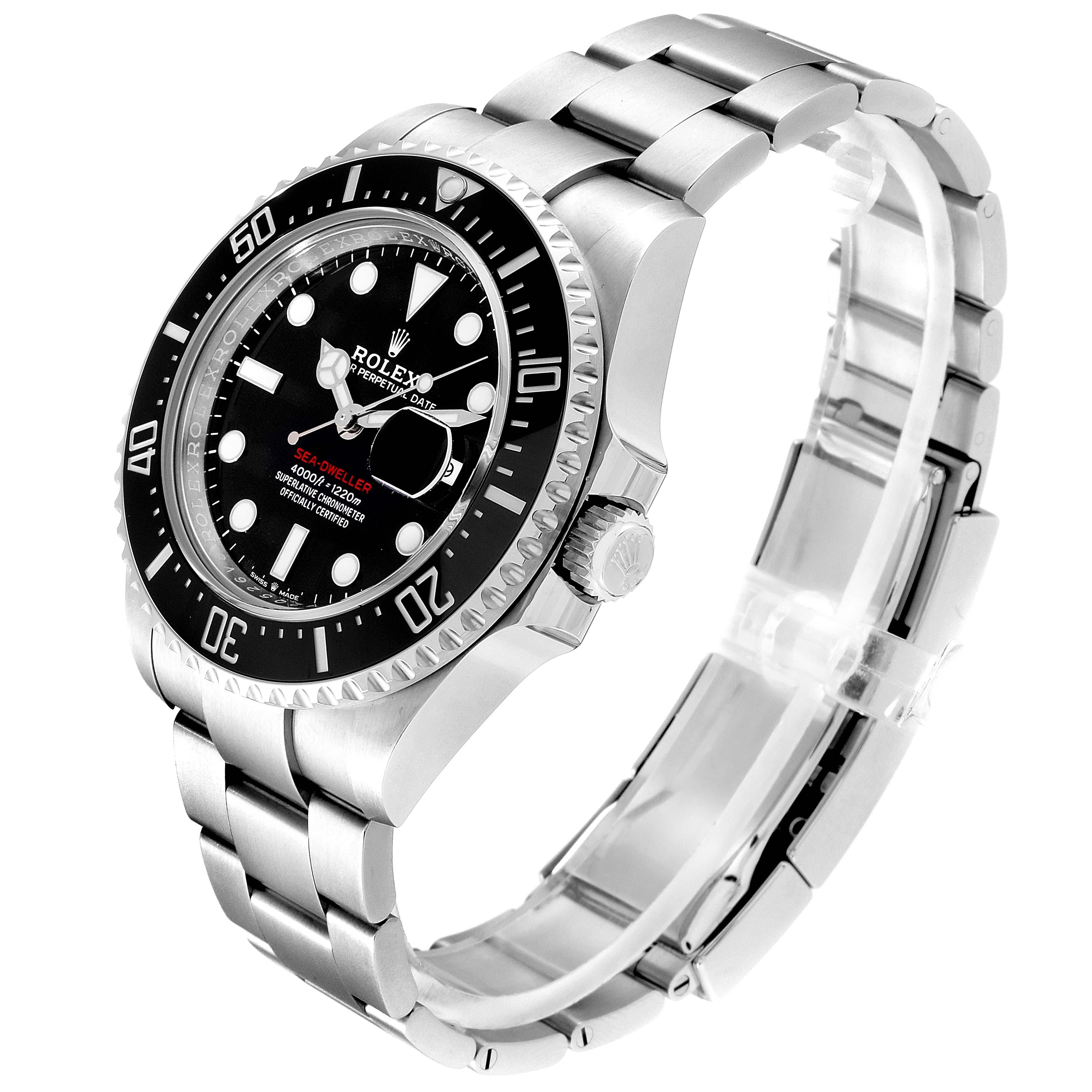 The Rolex Sea-Dweller 126600 Men's Stainless Steel Black Dial 126600 Men's Stainless Steel Black Dial watch is shown at a slight angle, displaying the face, bezel, crown, and stainless steel bracelet.