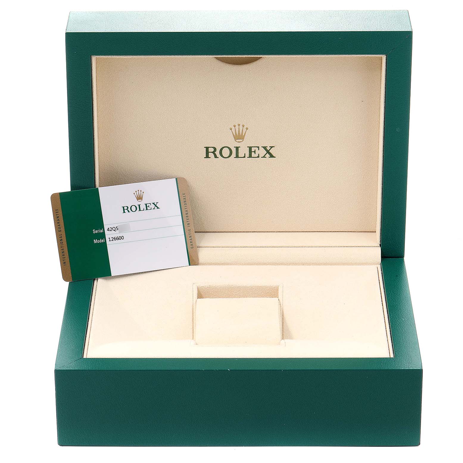 The image shows an open Rolex Sea-Dweller 126600 Men's Stainless Steel Black Dial 126600 Men's Stainless Steel Black Dial watch box, with a warranty card labeled with the model number.