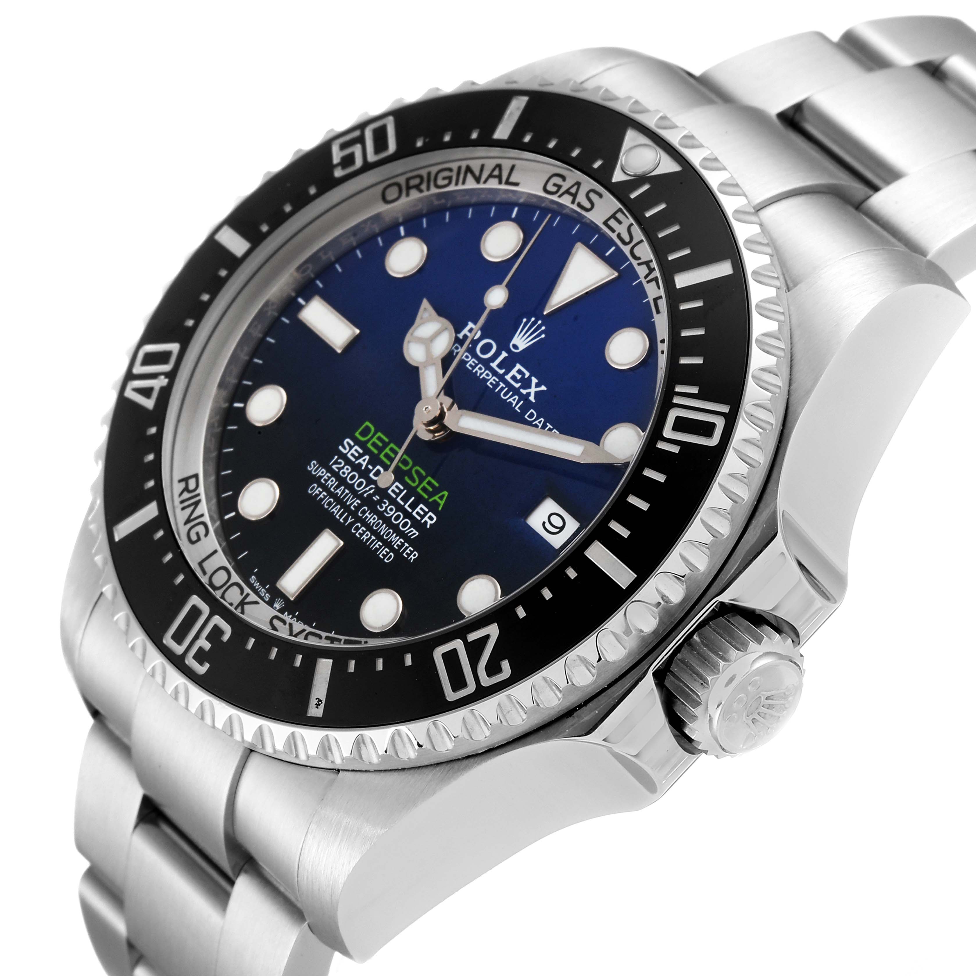 The image shows the front and side view of a Rolex Sea-Dweller 126660 Men's Stainless Steel Blue Dial 126660 Men's Stainless Steel Blue Dial watch, highlighting the dial, bezel, and crown.