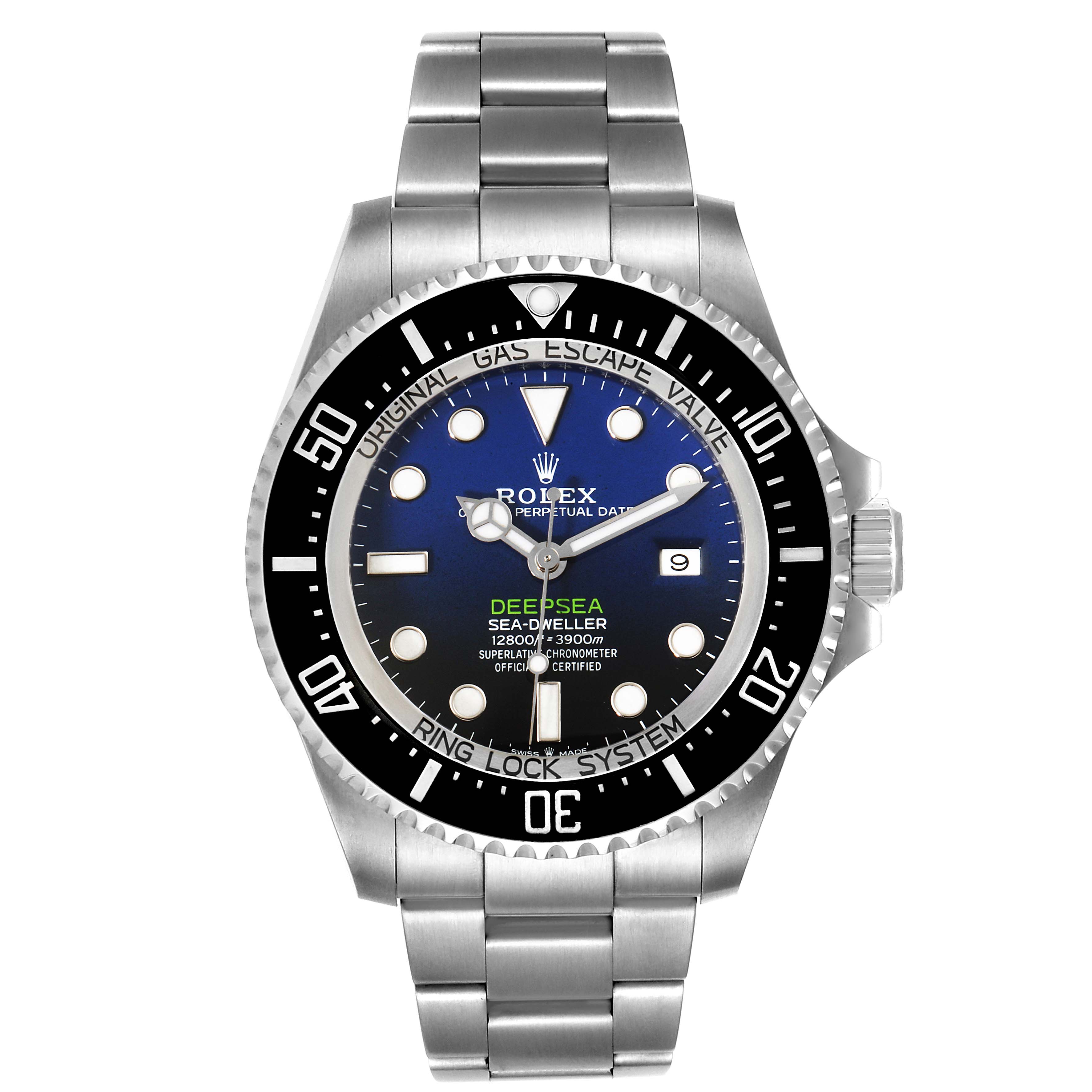 The image shows a front view of a Rolex Sea-Dweller 126660 Men's Stainless Steel Blue Dial 126660 Men's Stainless Steel Blue Dial watch, highlighting its dial, bezel, and bracelet.