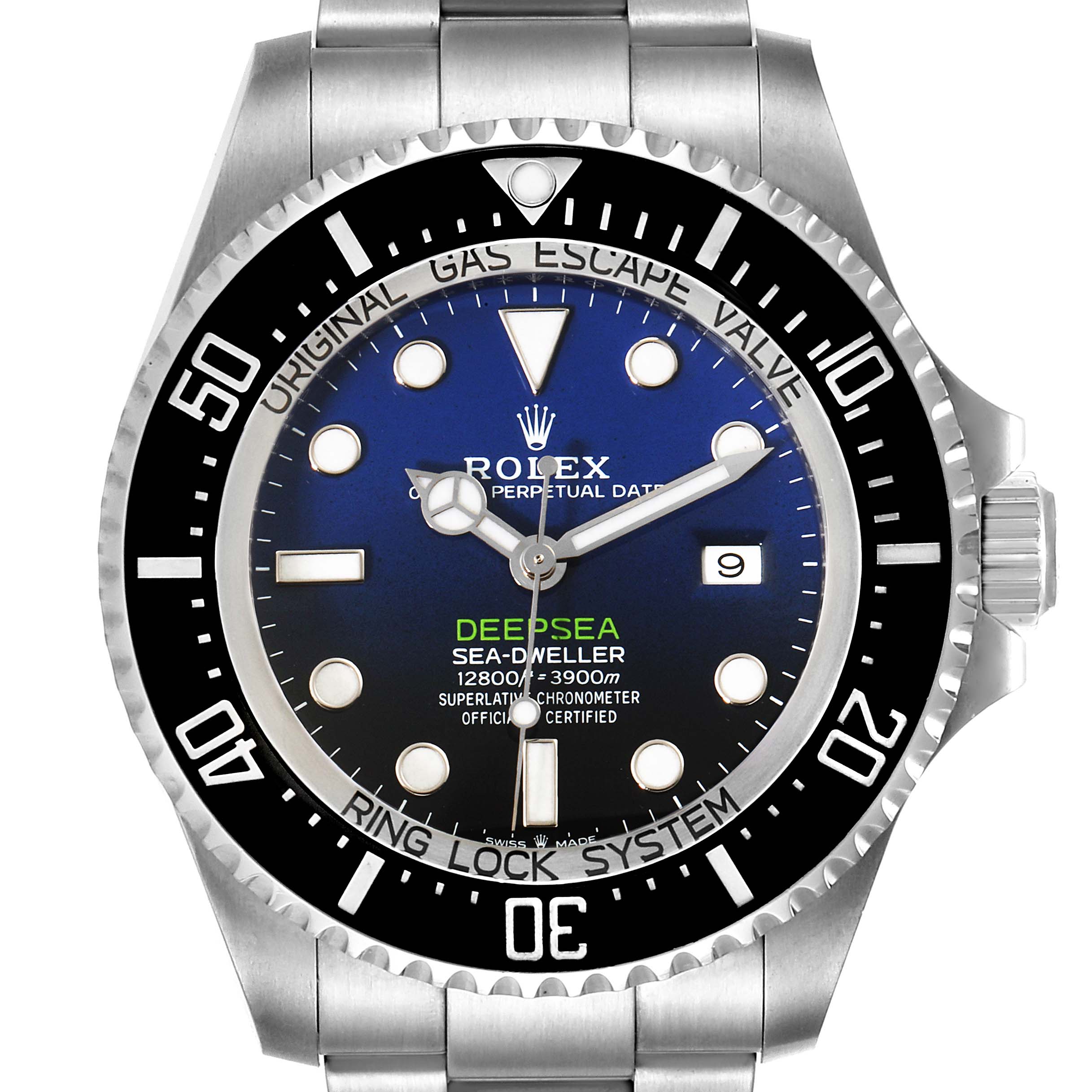 The image shows a front view of the Rolex Sea-Dweller 126660 Men's Stainless Steel Blue Dial 126660 Men's Stainless Steel Blue Dial Deepsea watch, highlighting its dial, bezel, and bracelet.
