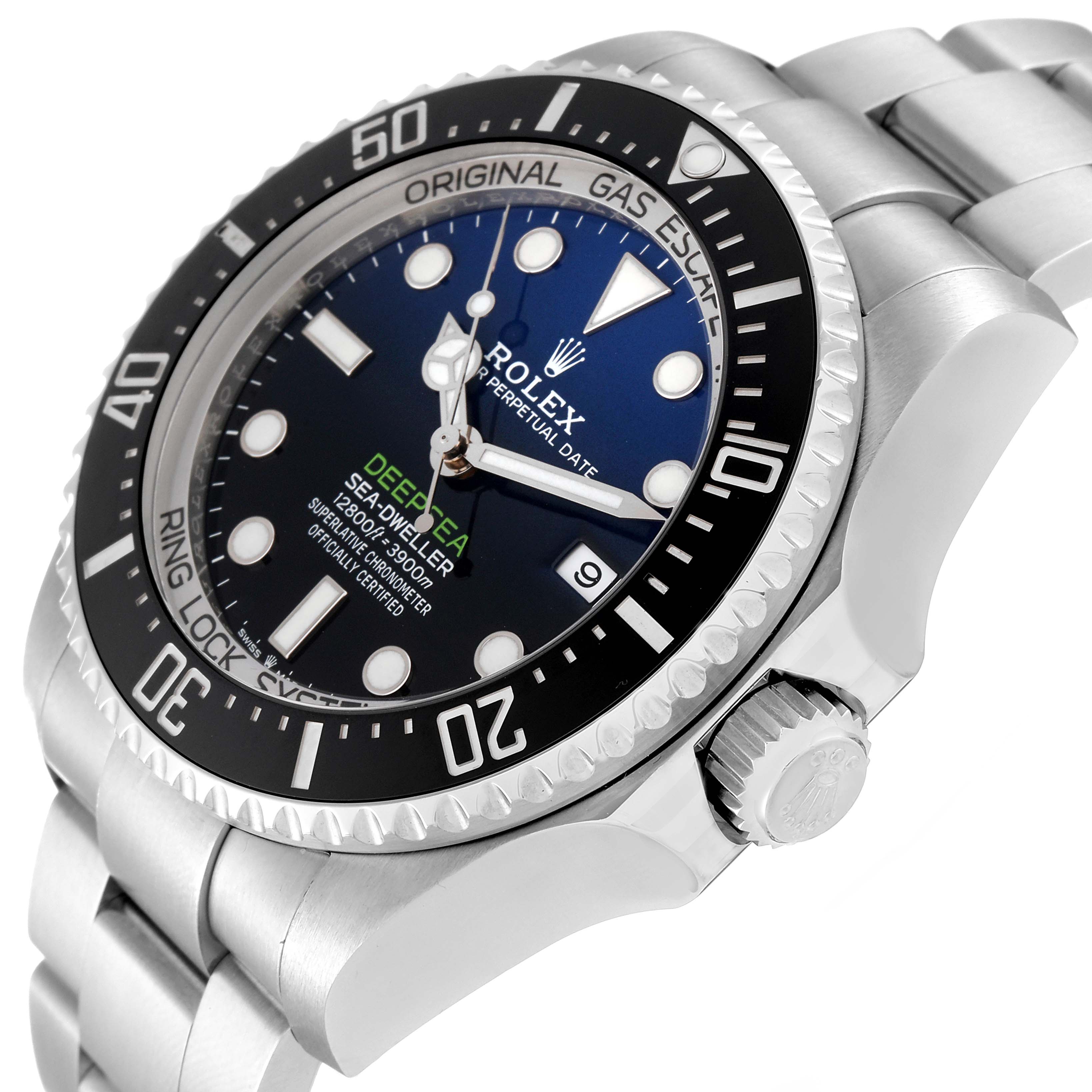 This image shows a close-up angle of the dial, bezel, and crown of the Rolex Sea-Dweller 126660 Men
s Stainless Steel Blue Dial 126660 Men
s Stainless Steel Blue Dial watch model.