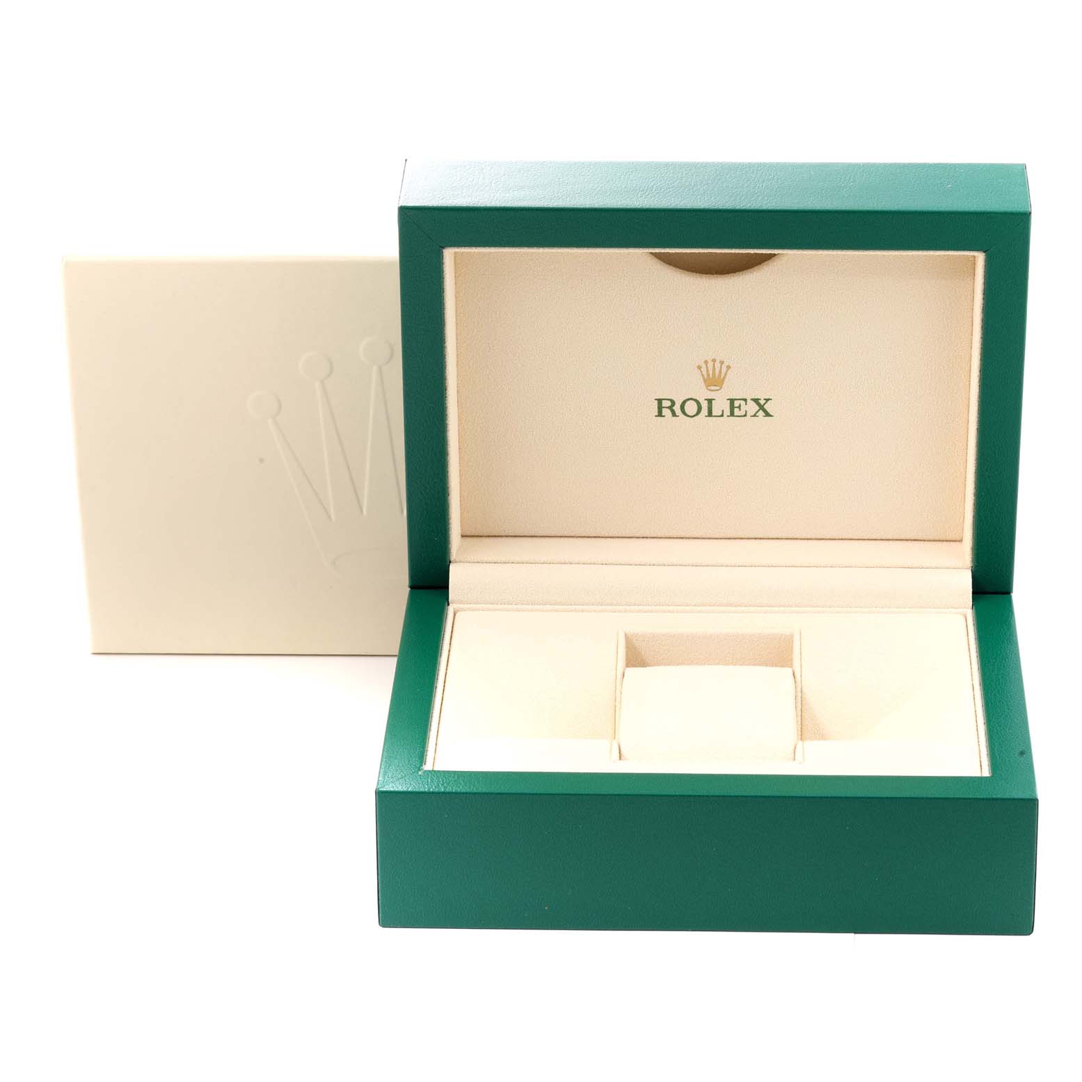 This image shows an open green and beige Rolex box for the Sea-Dweller model, with the exterior cover displayed beside it.