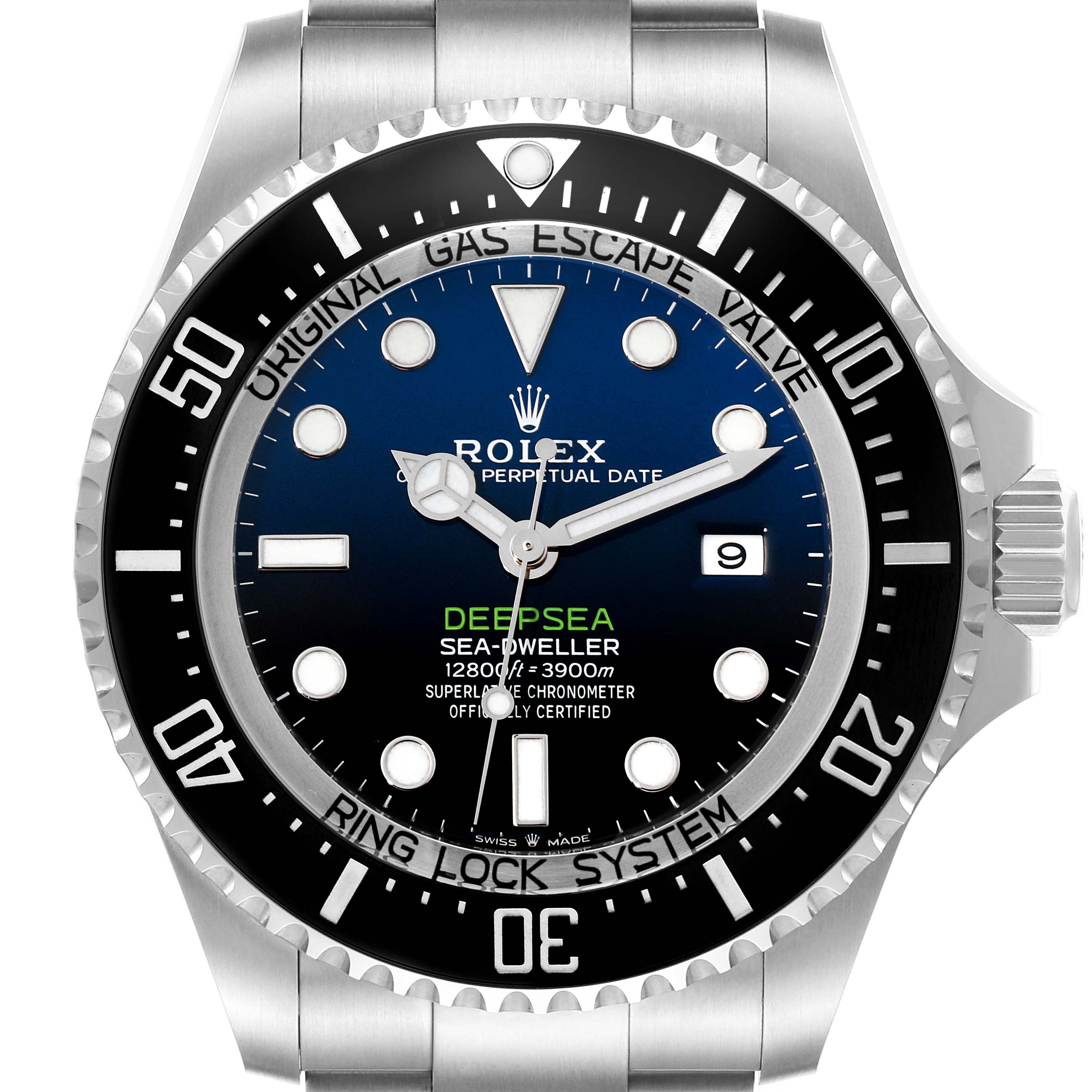 The image shows a front view of the Rolex Sea-Dweller 126660 Men
s Stainless Steel Blue Dial 126660 Men
s Stainless Steel Blue Dial Deepsea watch, highlighting the dial, hands, bezel, and bracelet.