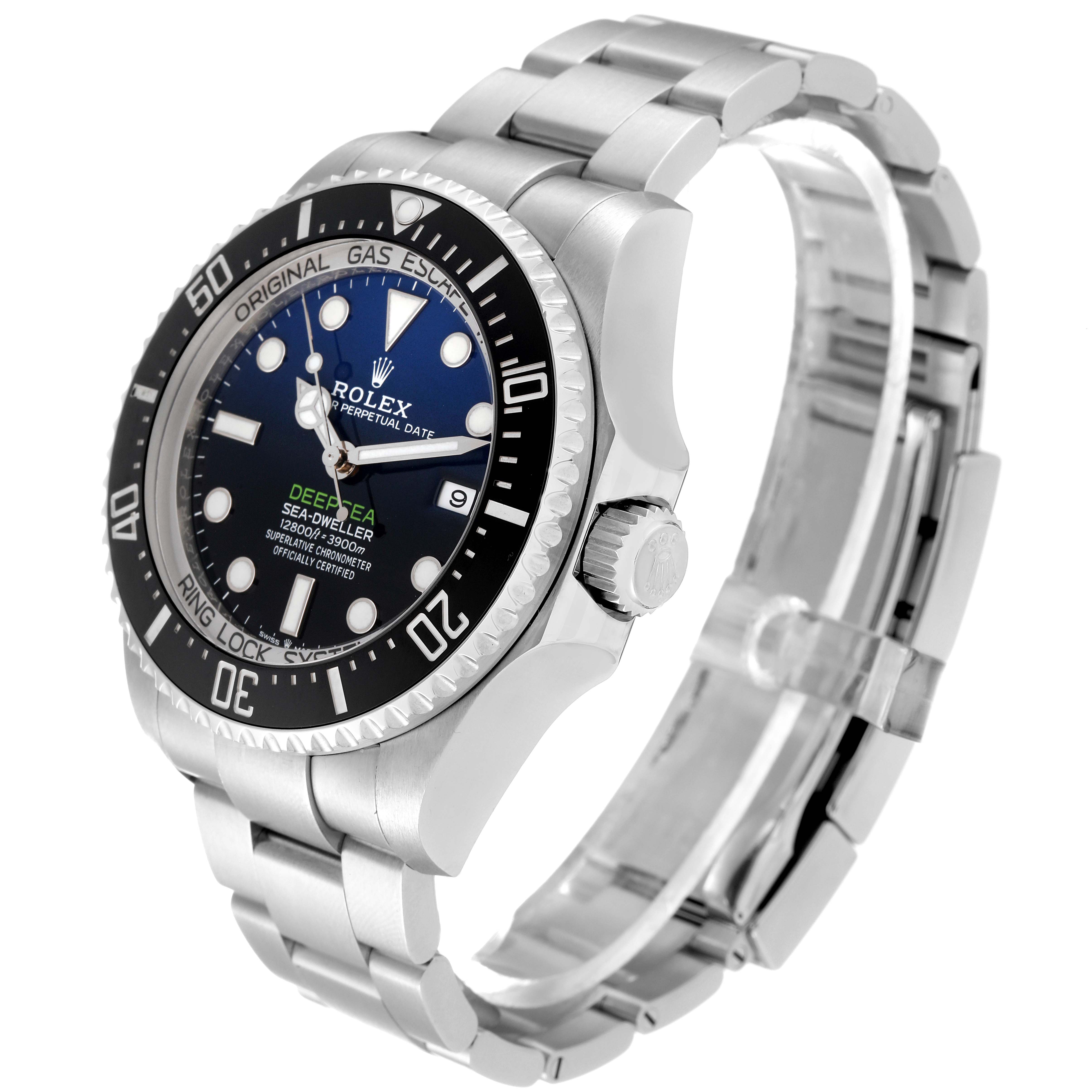 The image shows a side and three-quarter view of the Rolex Sea-Dweller 126660 Men
s Stainless Steel Blue Dial 126660 Men
s Stainless Steel Blue Dial watch, highlighting the dial, bezel, and stainless steel bracelet.