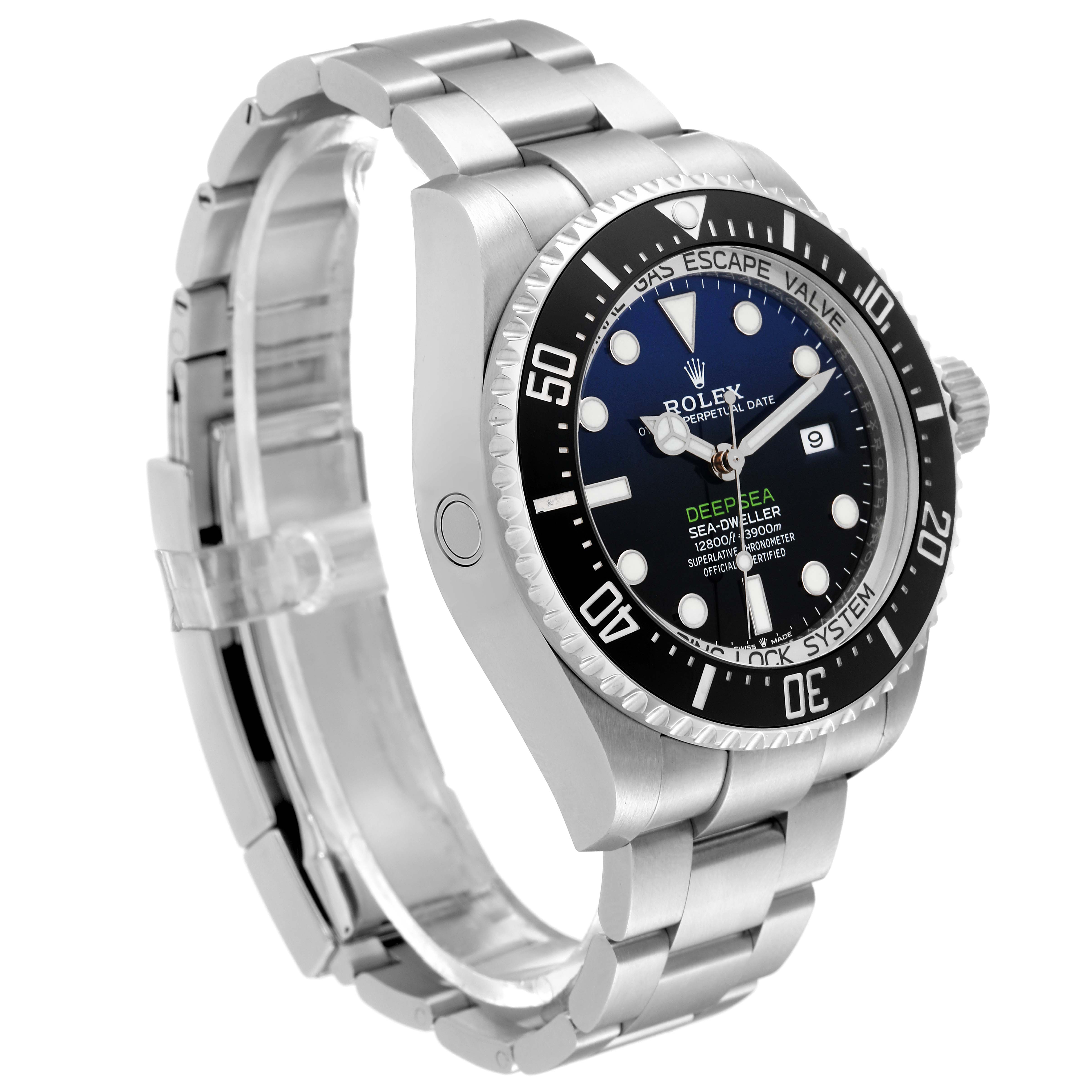 This image shows a three-quarter side view of the Rolex Sea-Dweller 126660 Men
s Stainless Steel Blue Dial 126660 Men
s Stainless Steel Blue Dial watch, highlighting the bezel, dial, and bracelet.