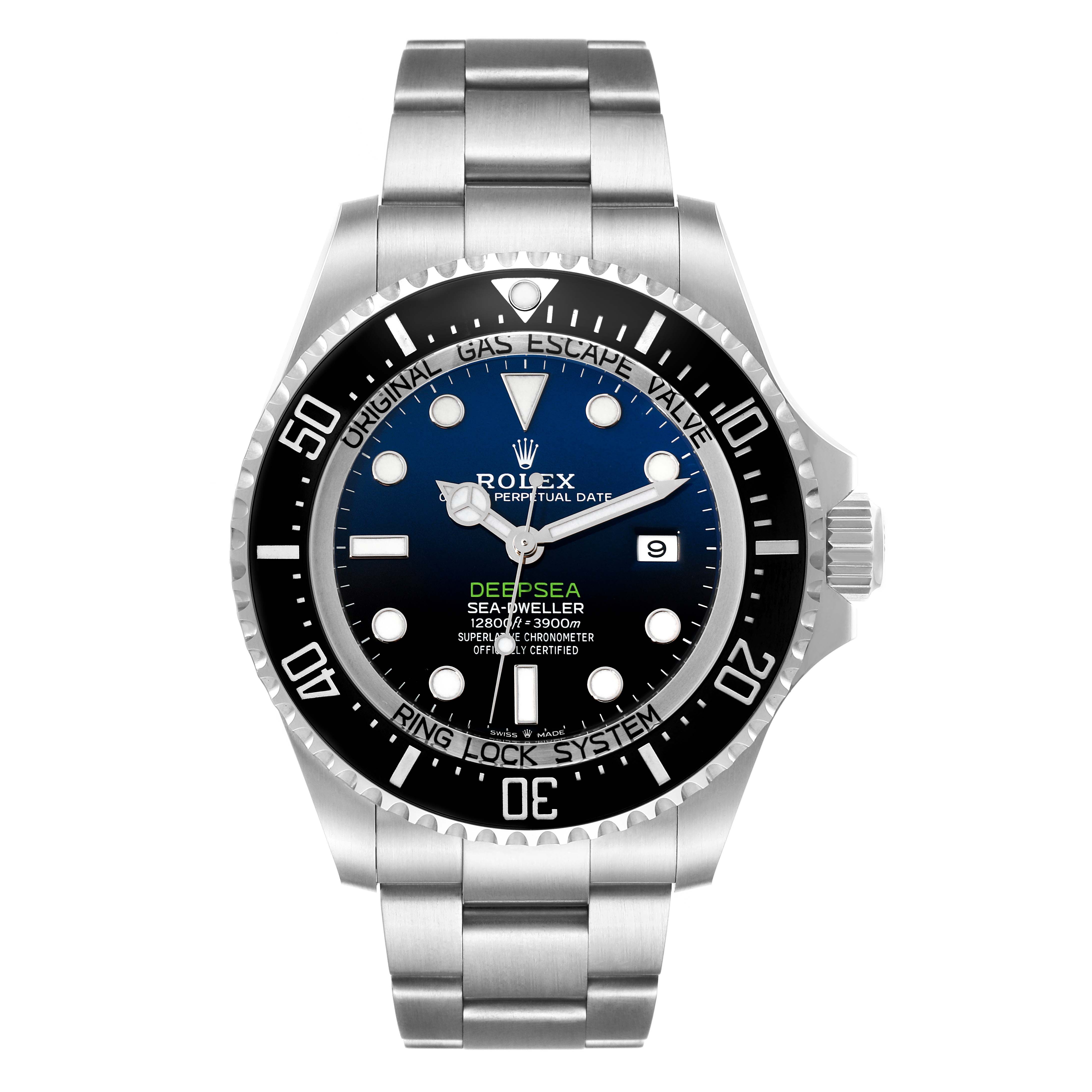 The image shows a front angle view of the Rolex Sea-Dweller 126660 Men
s Stainless Steel Blue Dial 126660 Men
s Stainless Steel Blue Dial watch, highlighting the dial, bezel, and bracelet.