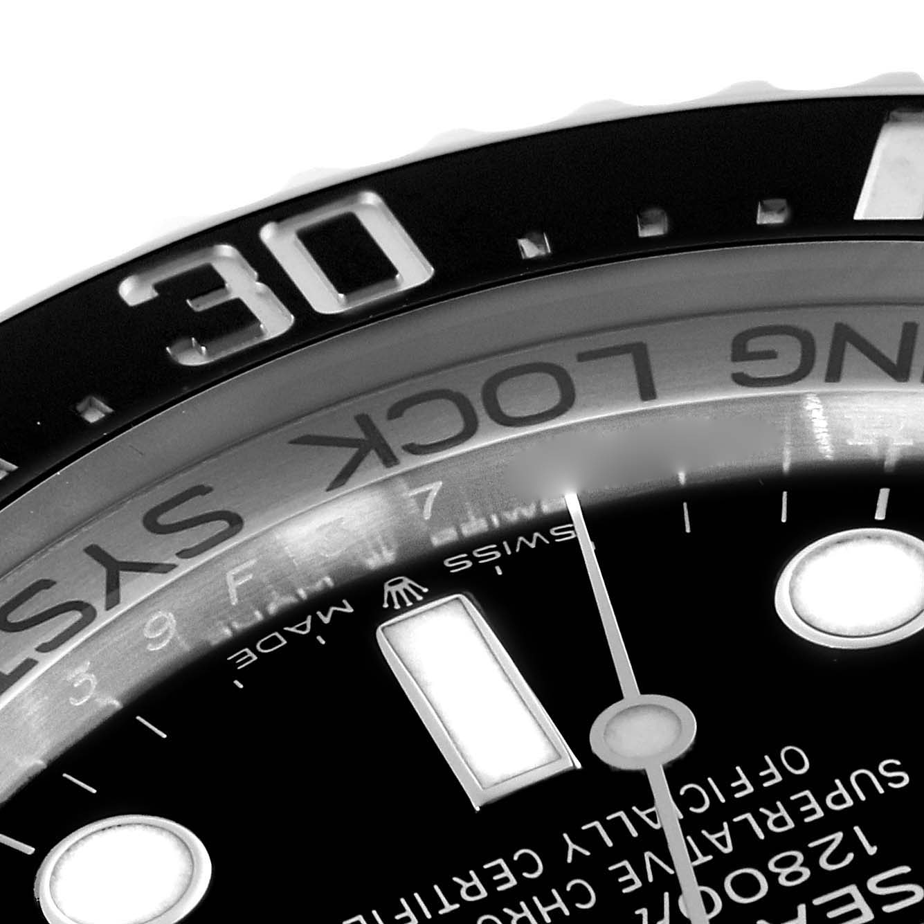 The image shows a close-up of the dial and bezel of the Rolex Sea-Dweller 126660 Men
s Stainless Steel Blue Dial 126660 Men
s Stainless Steel Blue Dial watch, highlighting the marking "30" and part of the "RING LOCK SYSTEM" text.