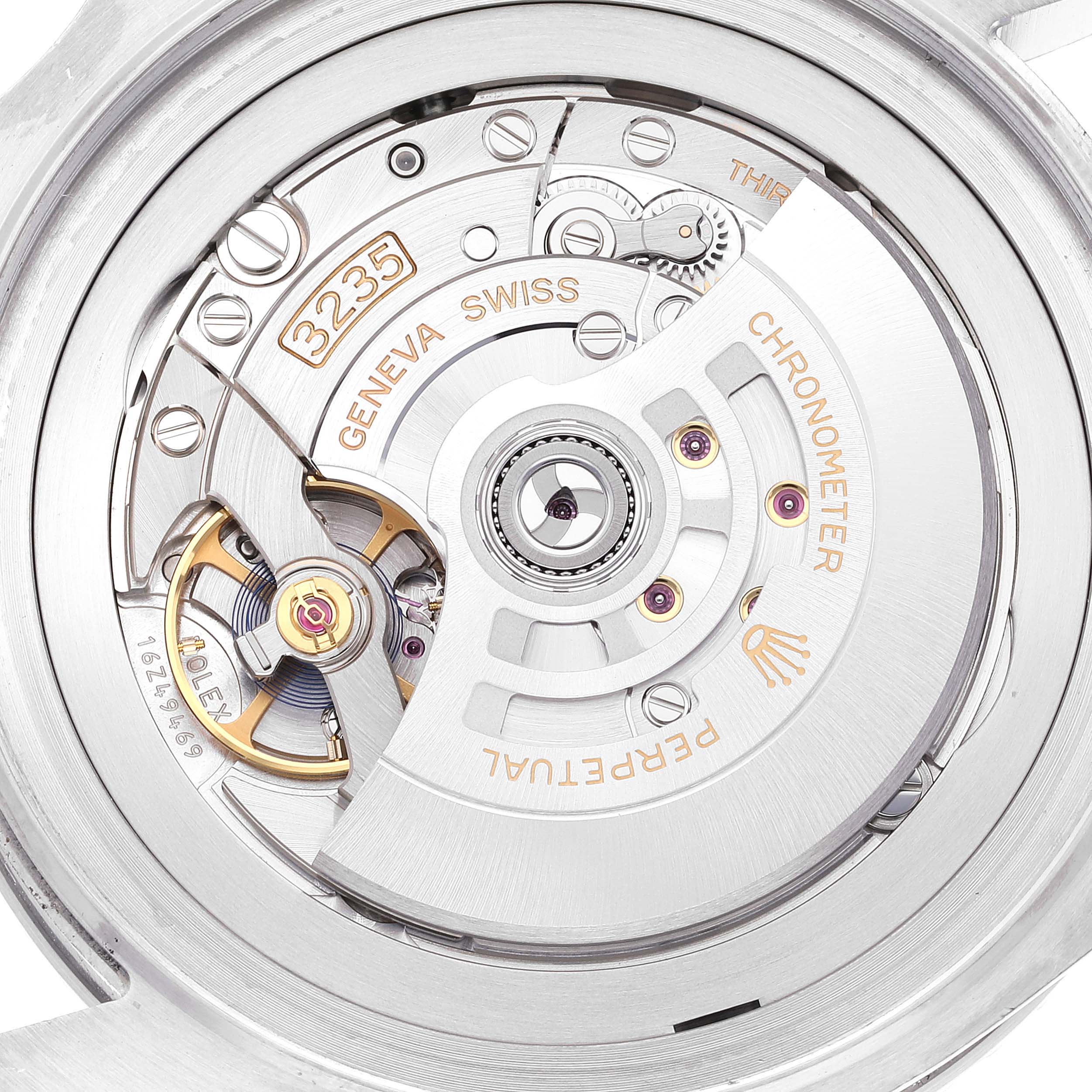 This image shows the detailed inner mechanical movement of a Rolex Sea-Dweller 126660 Men
s Stainless Steel Blue Dial 126660 Men
s Stainless Steel Blue Dial watch, specifically the caliber 3235.