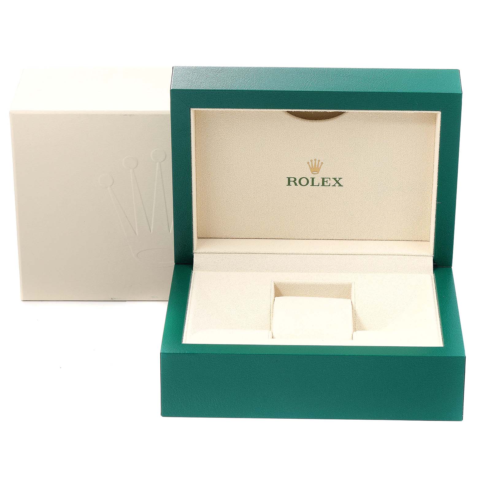 The image shows an open Rolex Submariner 116610 Men's Stainless Steel Black Dial 116610 Men's Stainless Steel Black Dial watch box and its protective outer box from a frontal angle.