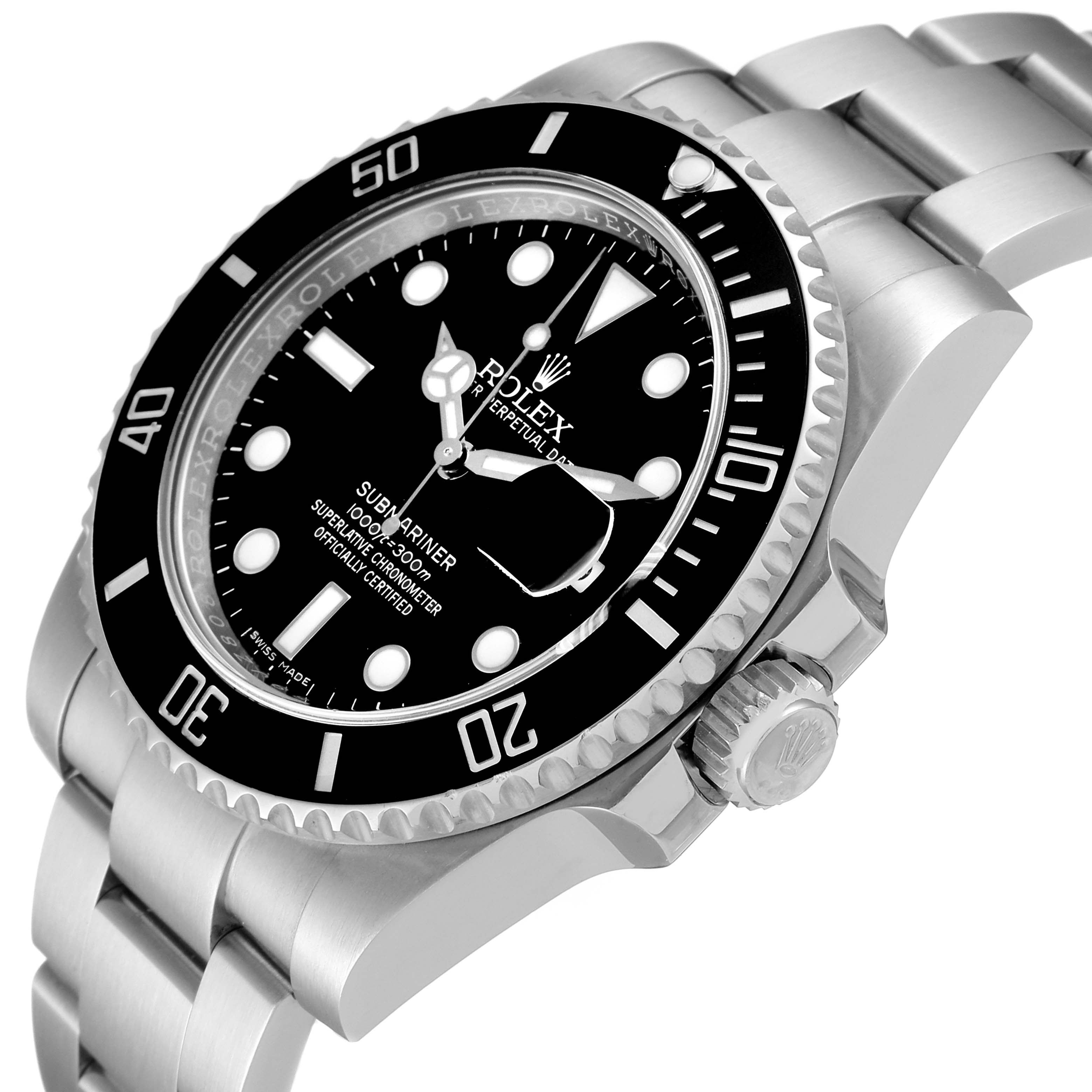 The image shows a Rolex Submariner 116610 Men's Stainless Steel Black Dial 116610 Men's Stainless Steel Black Dial watch at a tilted angle, highlighting its black dial, bezel, crown, and stainless steel bracelet.
