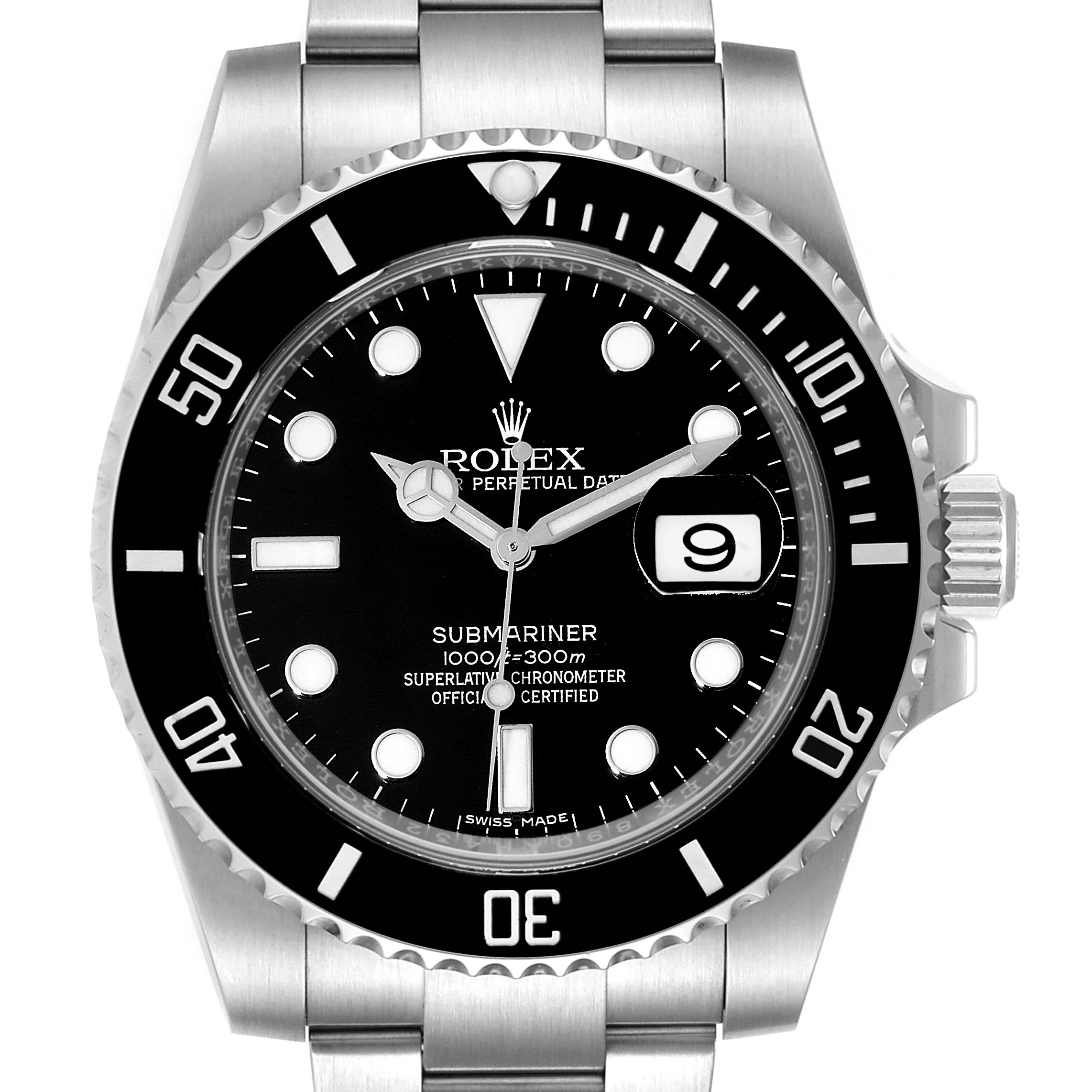 The image shows a front view of the Rolex Submariner 116610 Men's Stainless Steel Black Dial 116610 Men's Stainless Steel Black Dial watch, detailing the dial, bezel, hands, and part of the bracelet.