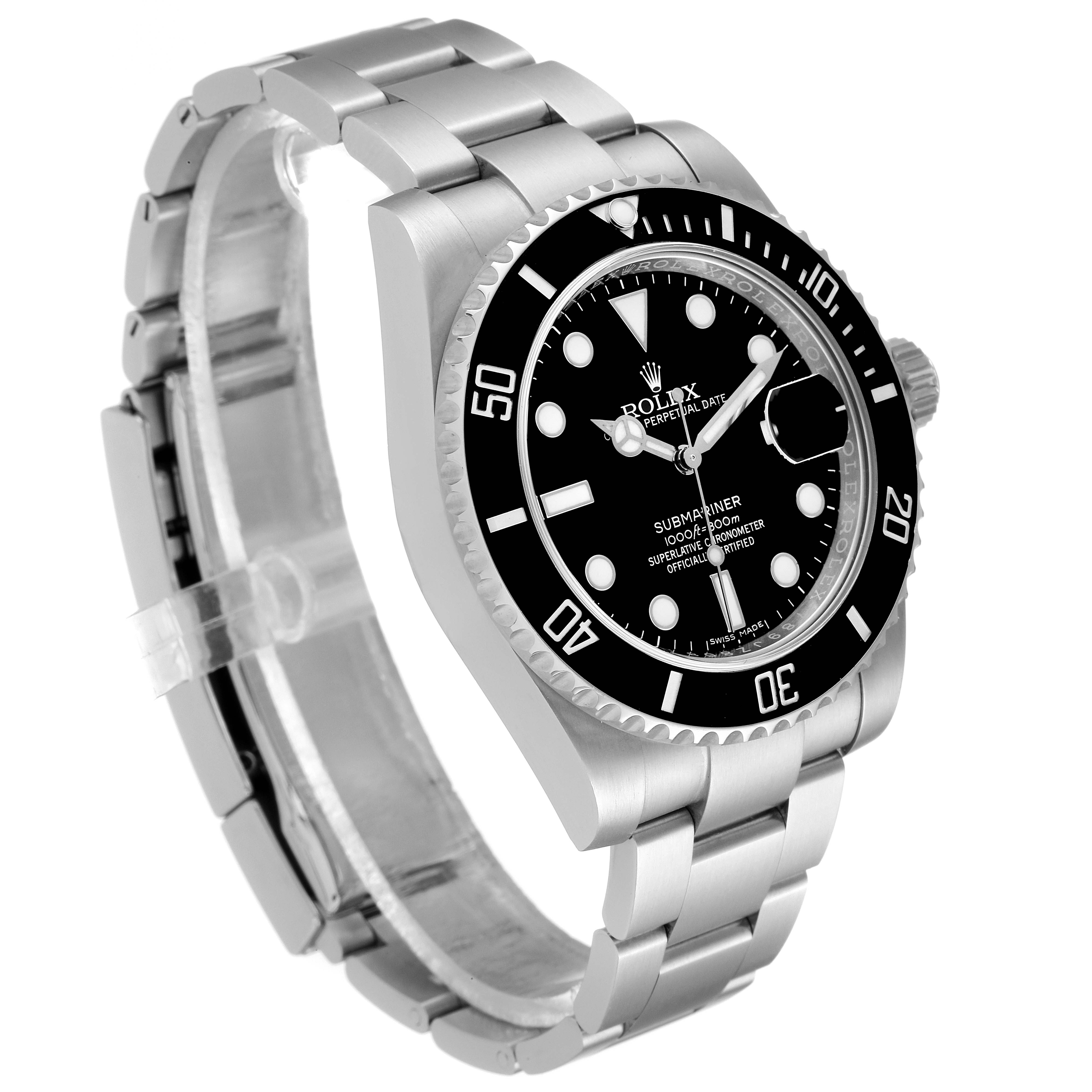 The Rolex Submariner 116610 Men's Stainless Steel Black Dial 116610 Men's Stainless Steel Black Dial watch is viewed from a front-right angle, showing its stainless steel bracelet and black bezel with clear markings.